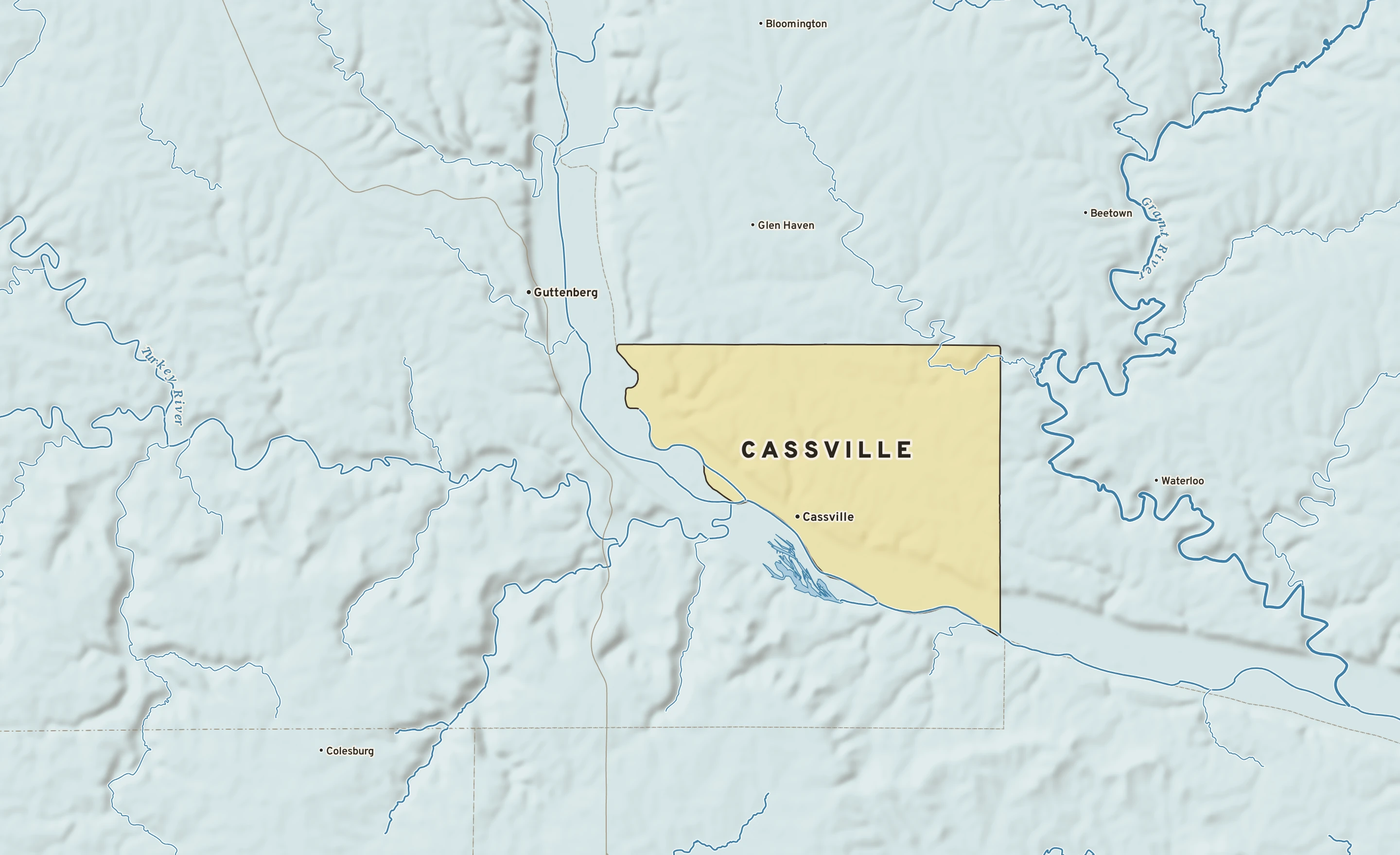 Shaded-relief atlas plate of Cassville, Wisconsin: rivers, roads, the city limits and where the water drains.