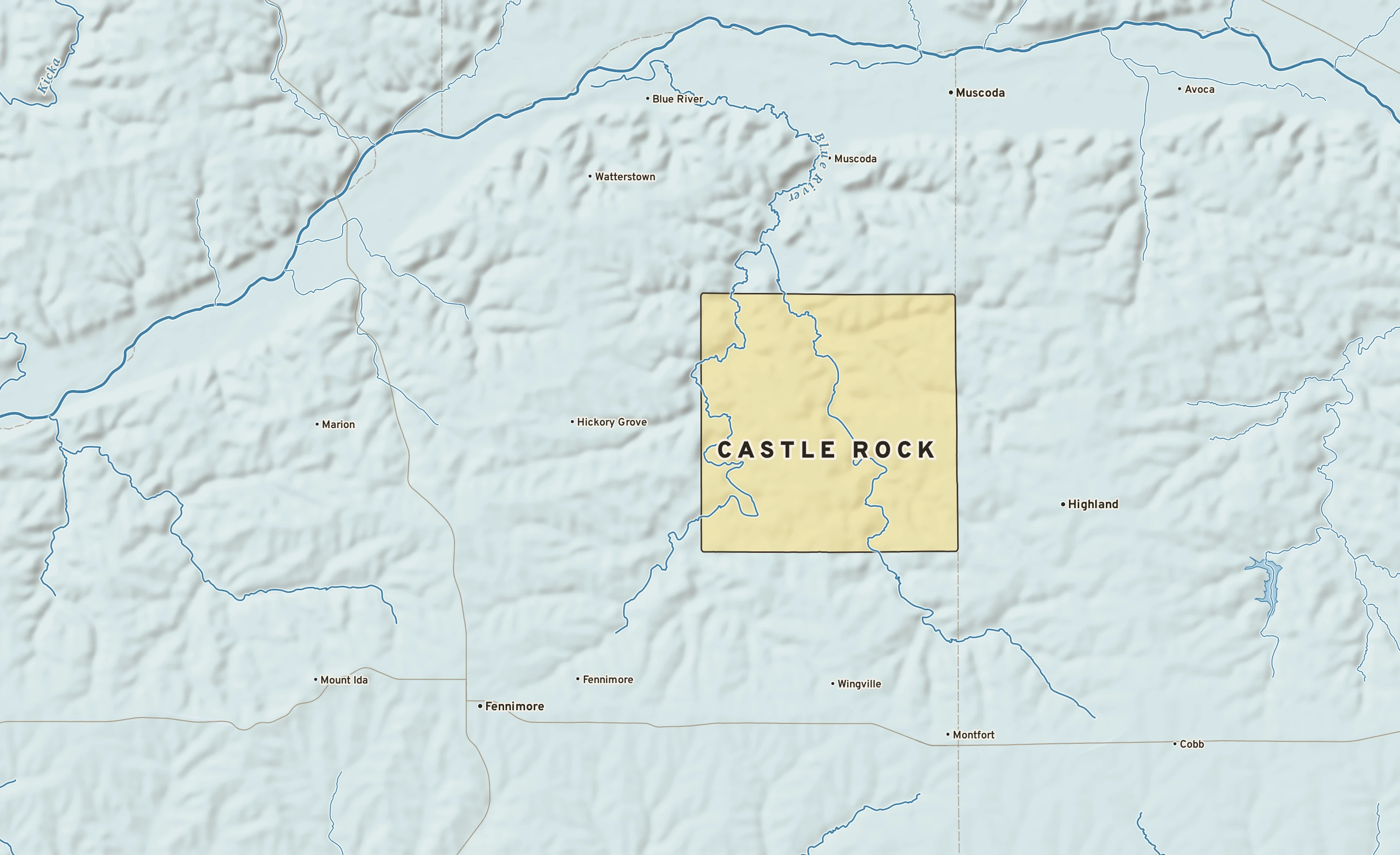 Shaded-relief atlas plate of Castle Rock, Wisconsin: rivers, roads, the city limits and where the water drains.