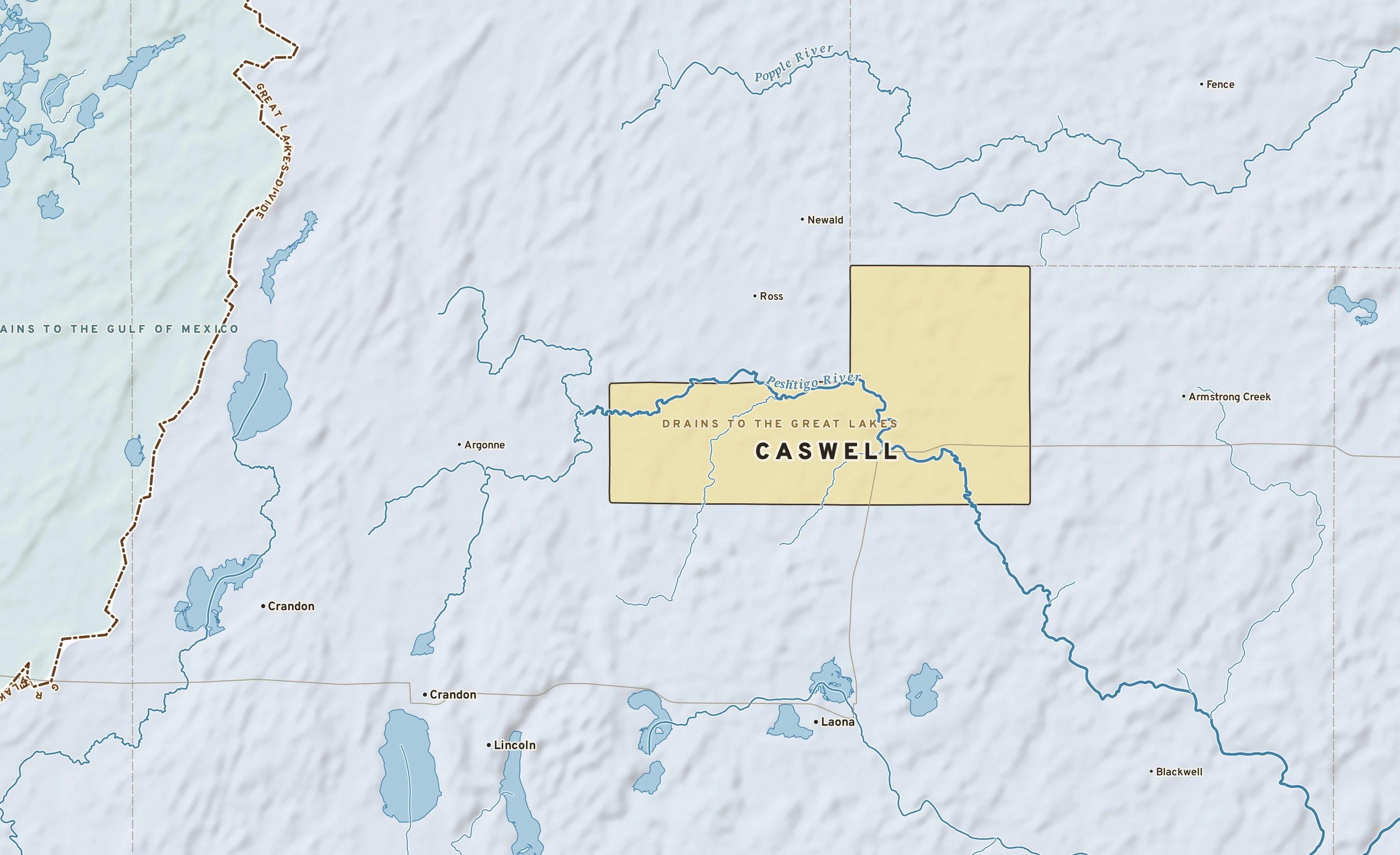 Shaded-relief atlas plate of Caswell, Wisconsin: rivers, roads, the city limits and where the water drains.