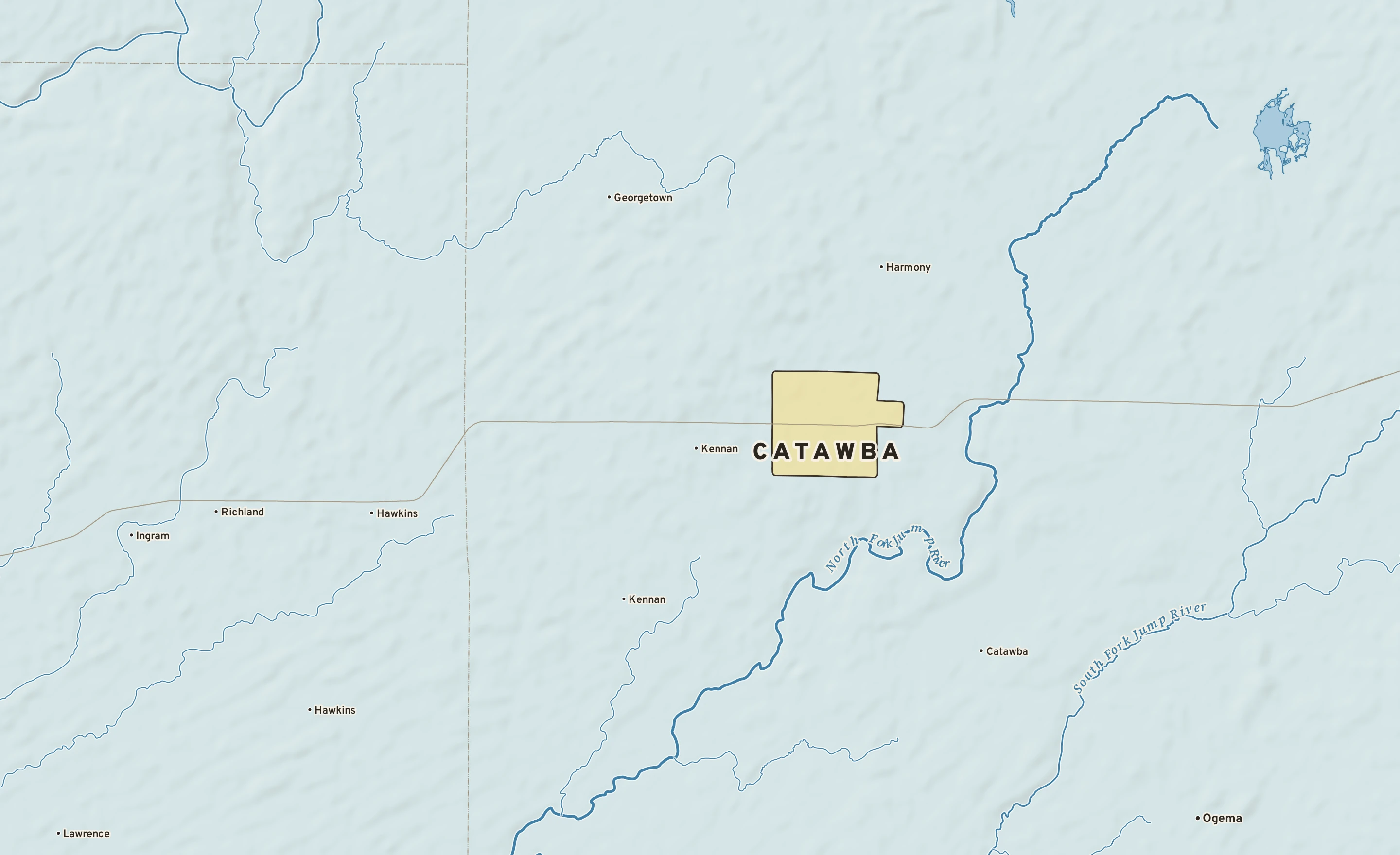 Shaded-relief atlas plate of Catawba, Wisconsin: rivers, roads, the city limits and where the water drains.