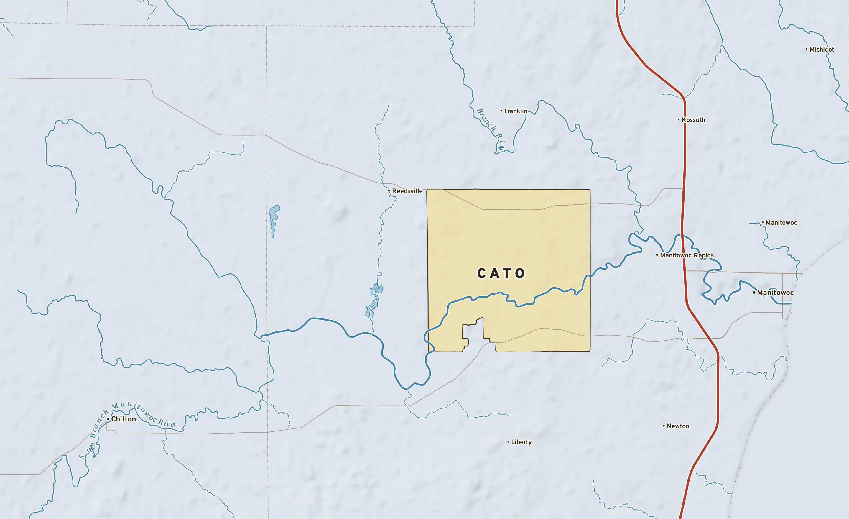 Shaded-relief atlas plate of Cato, Wisconsin: rivers, roads, the city limits and where the water drains.