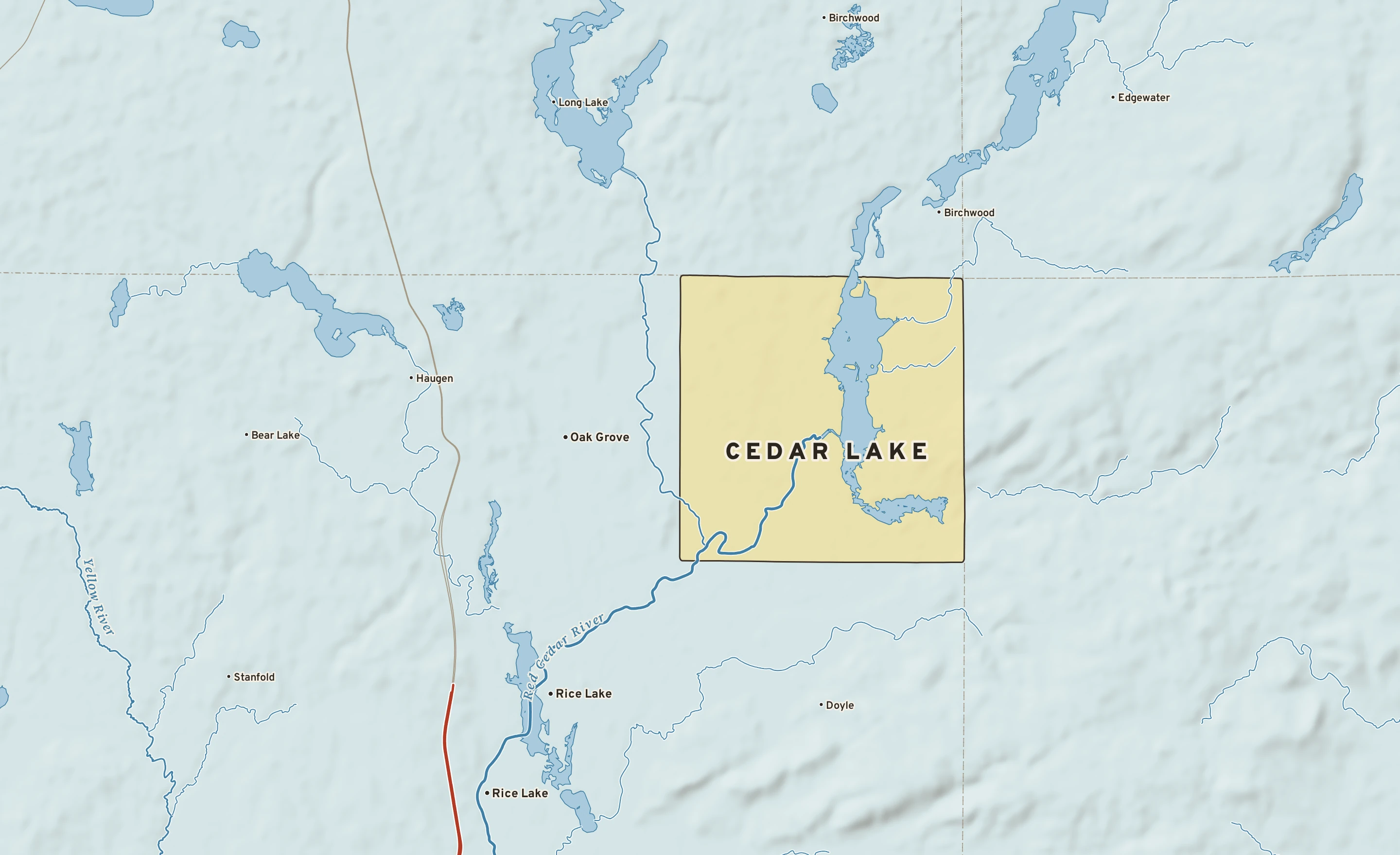 Shaded-relief atlas plate of Cedar Lake, Wisconsin: rivers, roads, the city limits and where the water drains.