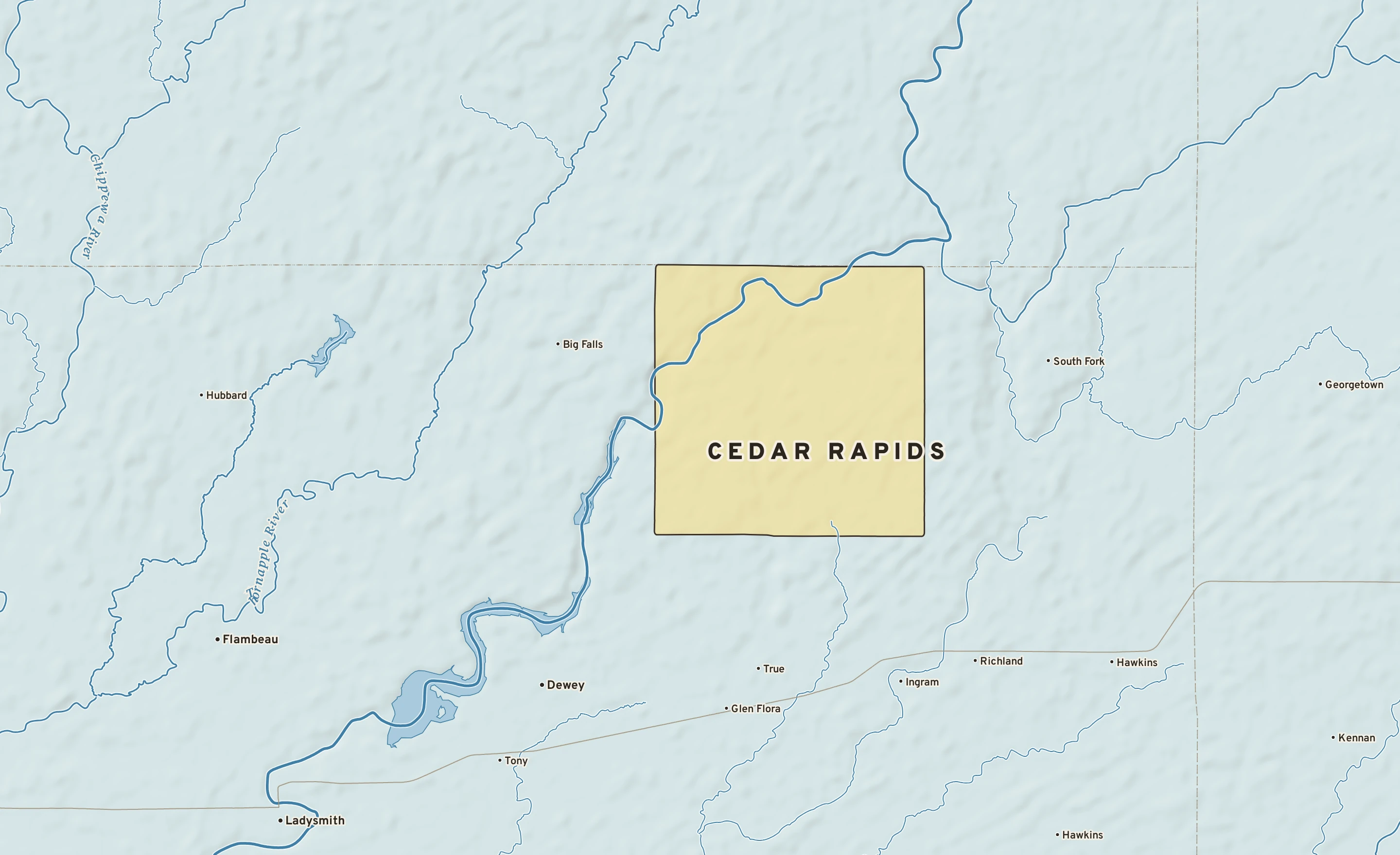 Shaded-relief atlas plate of Cedar Rapids, Wisconsin: rivers, roads, the city limits and where the water drains.