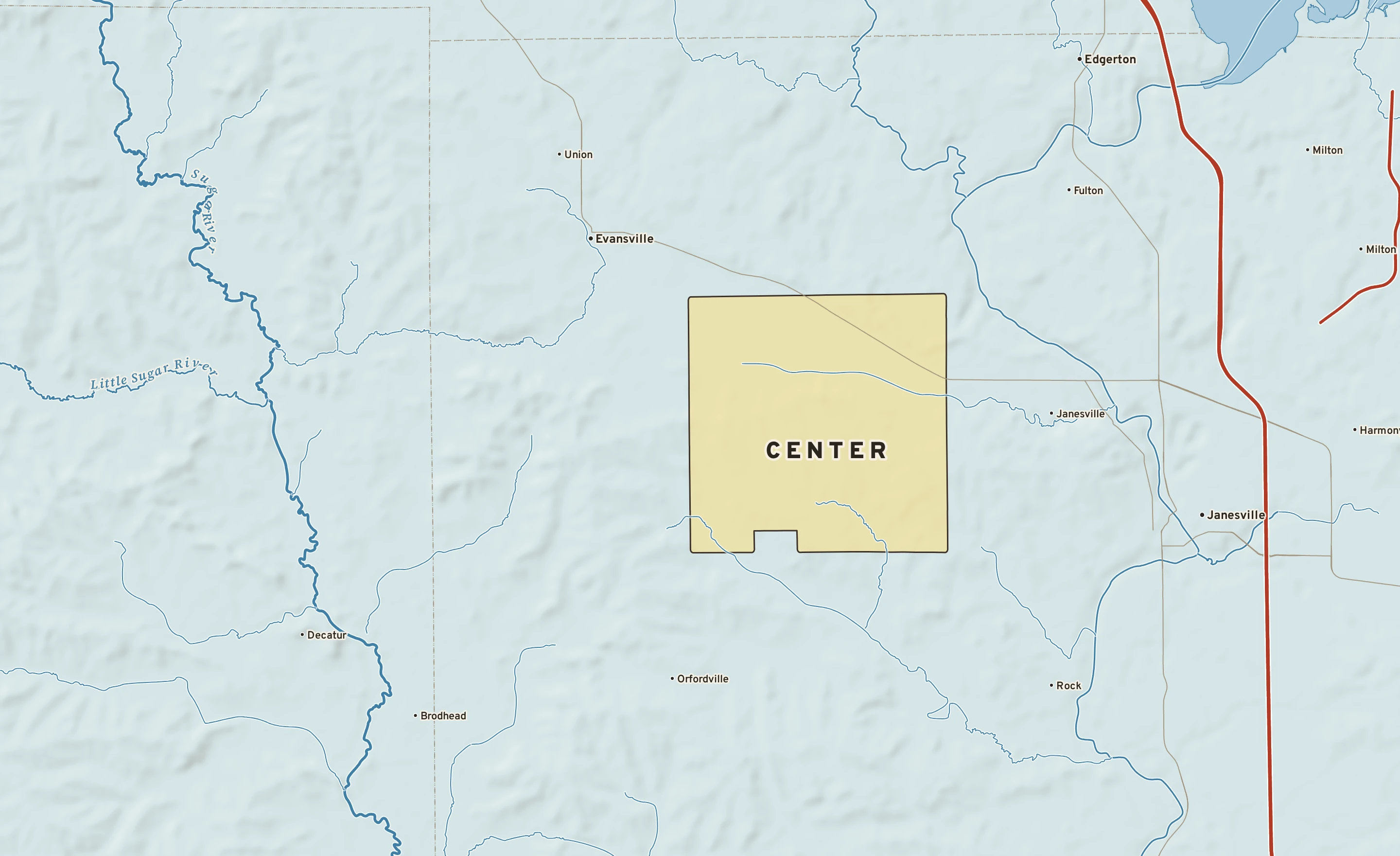 Shaded-relief atlas plate of Center, Wisconsin: rivers, roads, the city limits and where the water drains.