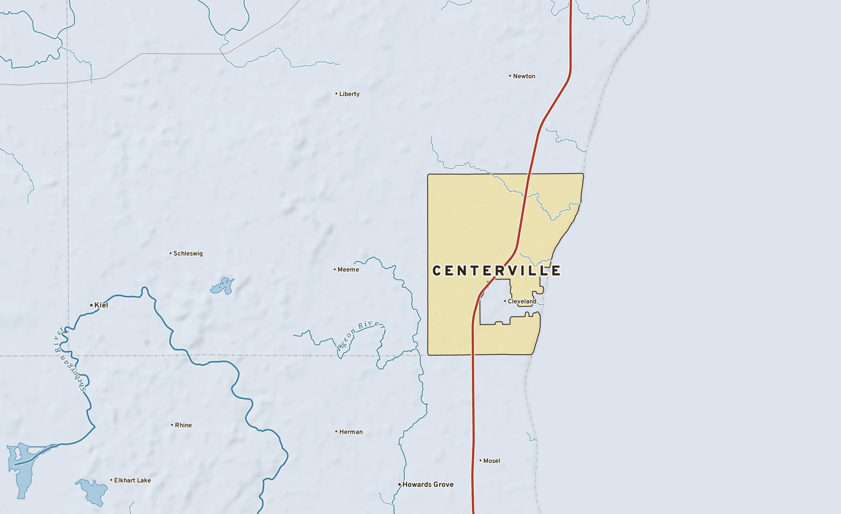 Shaded-relief atlas plate of Centerville, Wisconsin: rivers, roads, the city limits and where the water drains.