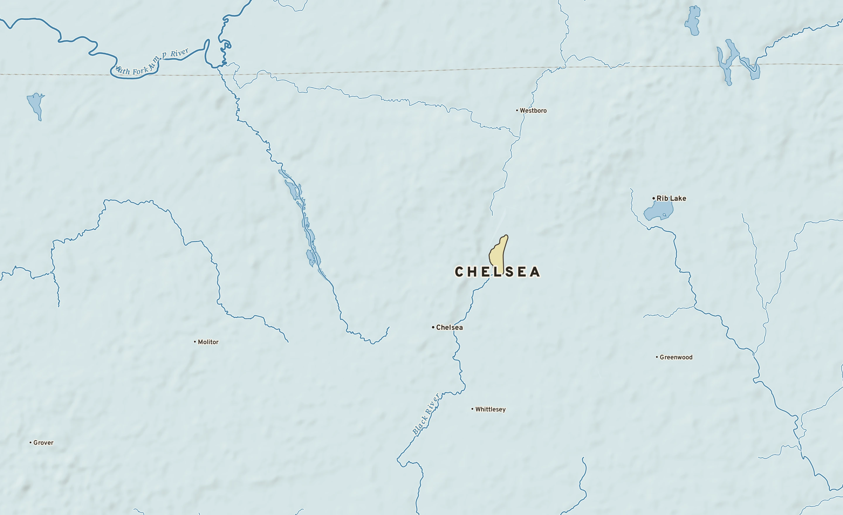 Shaded-relief atlas plate of Chelsea, Wisconsin: rivers, roads, the city limits and where the water drains.