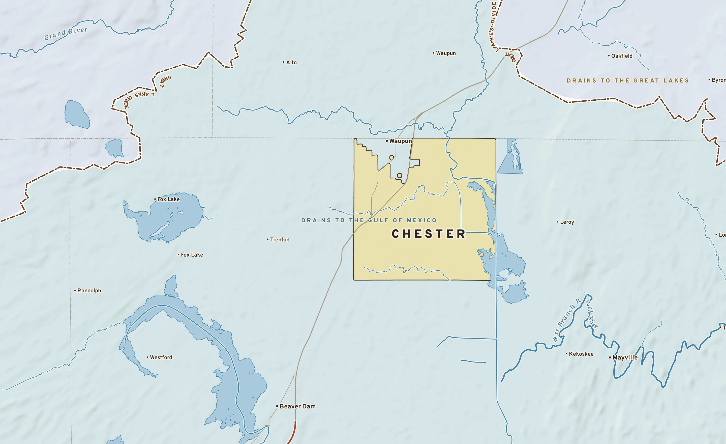 Shaded-relief atlas plate of Chester, Wisconsin: rivers, roads, the city limits and where the water drains.