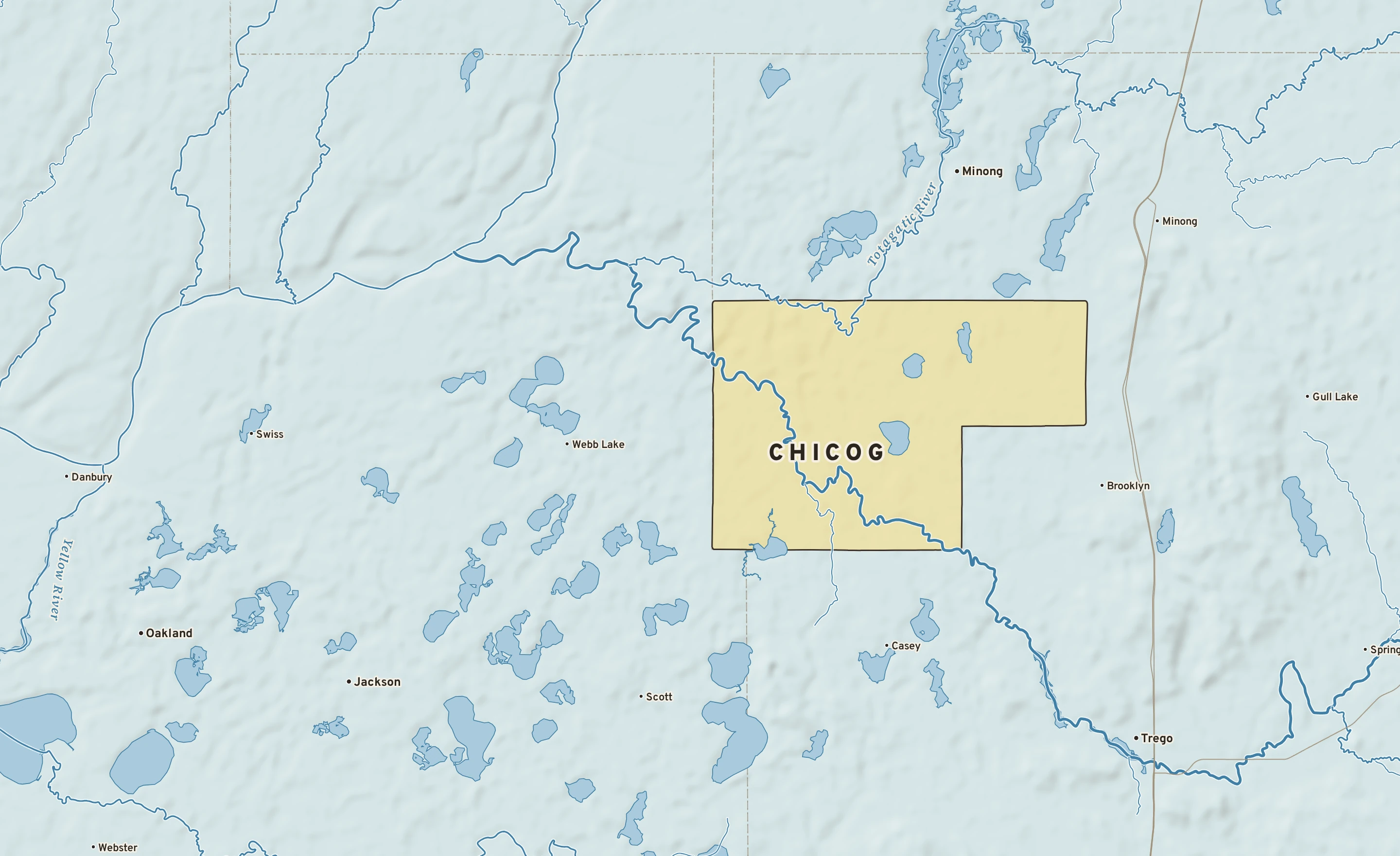 Shaded-relief atlas plate of Chicog, Wisconsin: rivers, roads, the city limits and where the water drains.