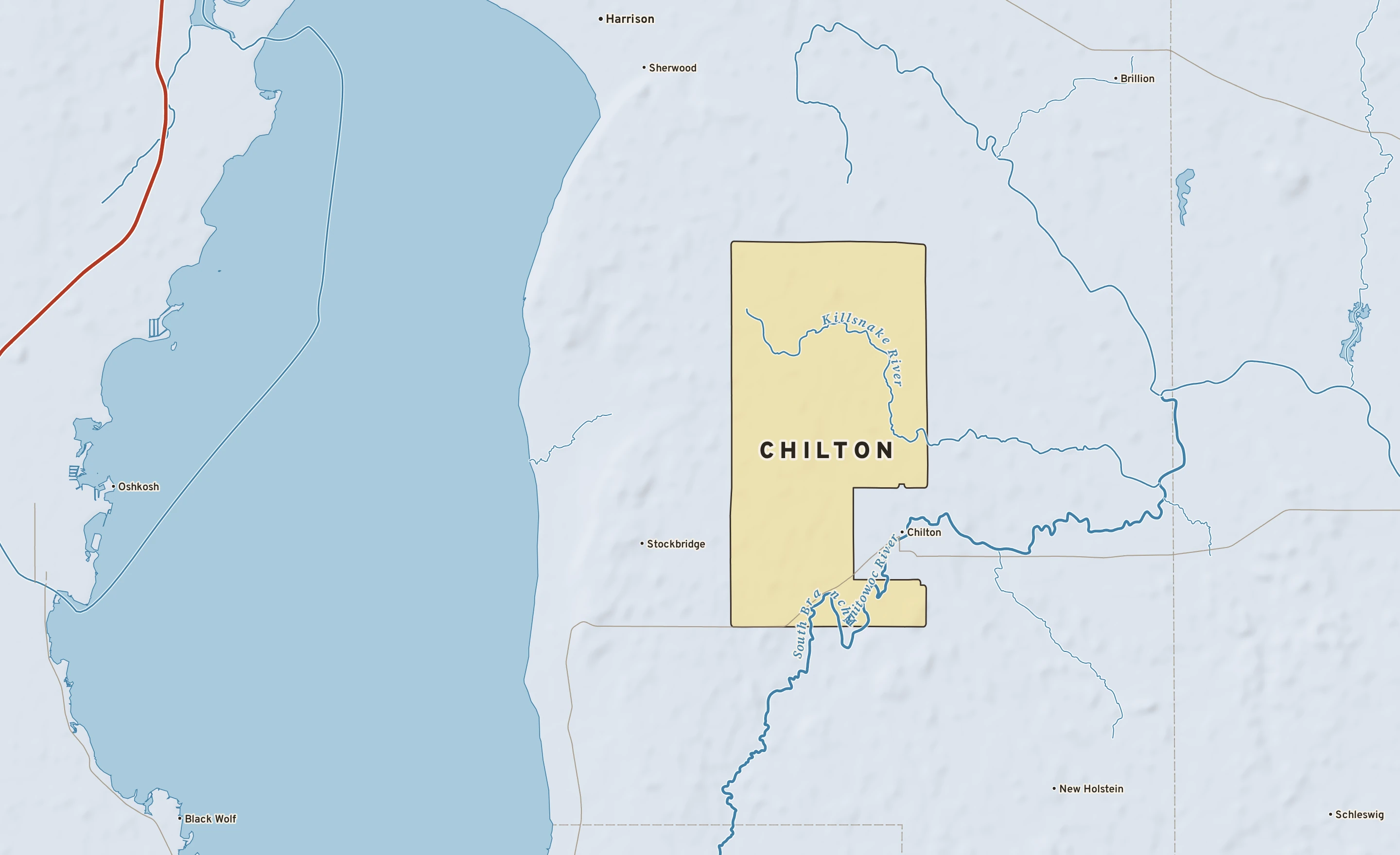 Shaded-relief atlas plate of Chilton, Wisconsin: rivers, roads, the city limits and where the water drains.