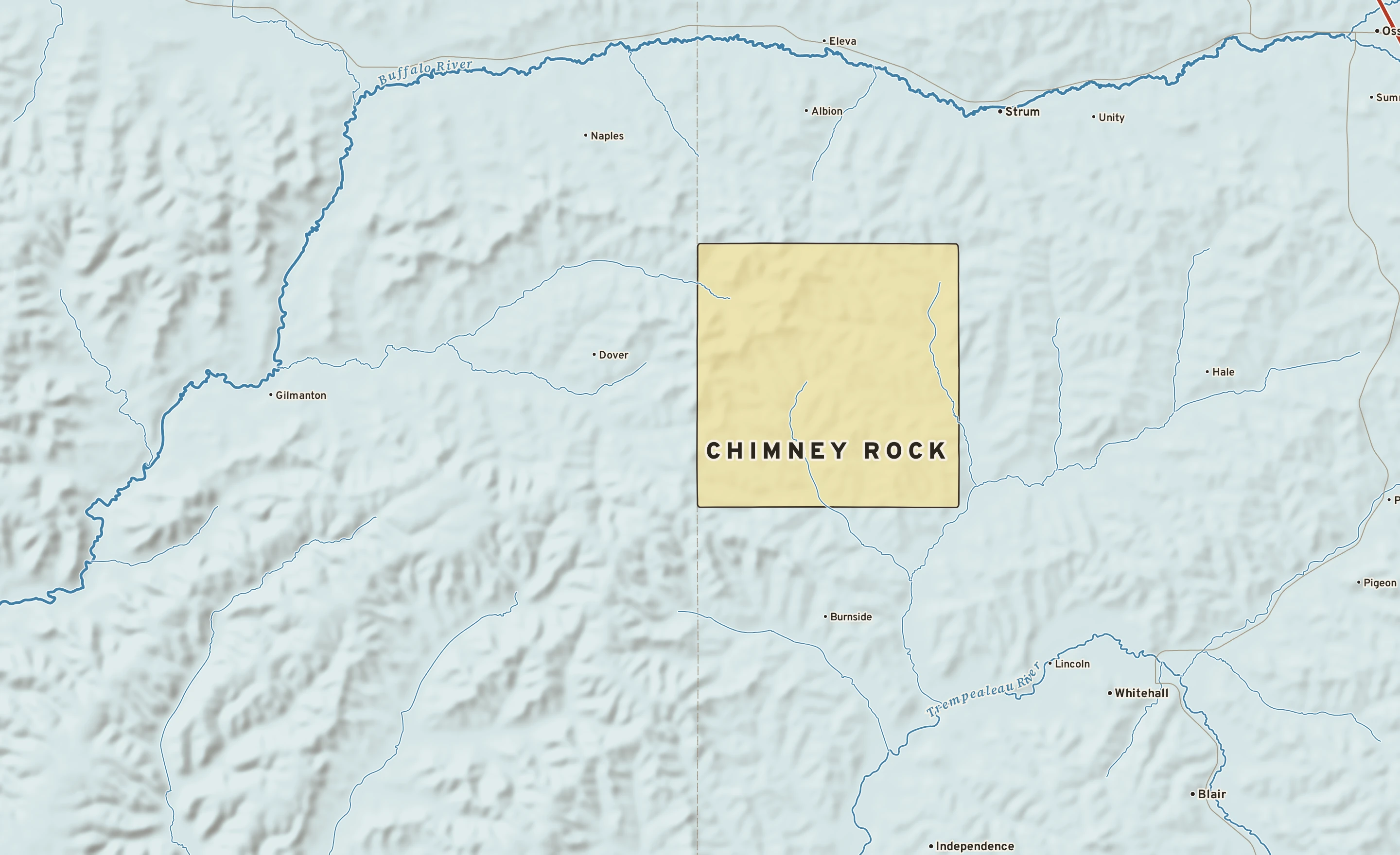 Shaded-relief atlas plate of Chimney Rock, Wisconsin: rivers, roads, the city limits and where the water drains.