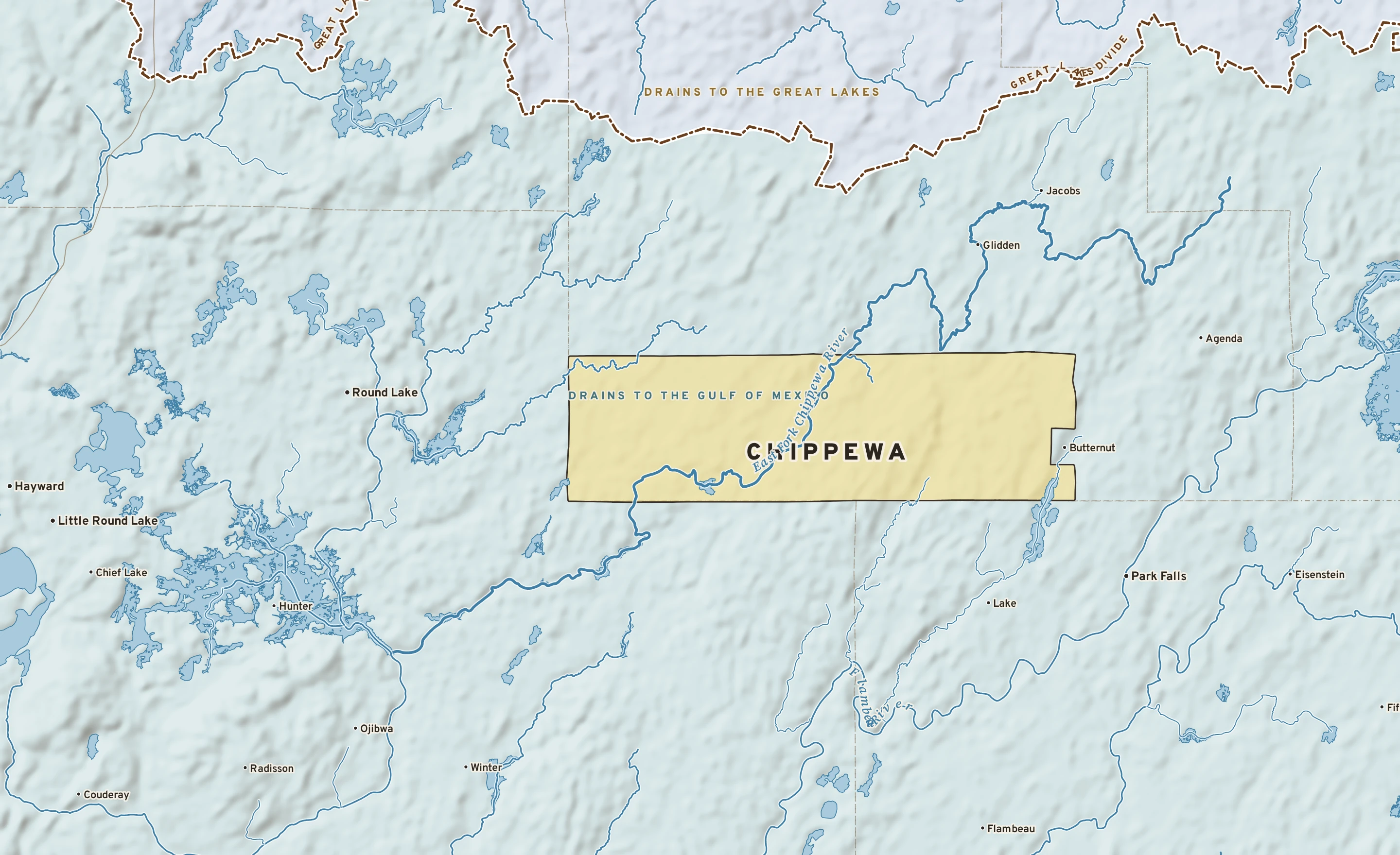 Shaded-relief atlas plate of Chippewa, Wisconsin: rivers, roads, the city limits and where the water drains.
