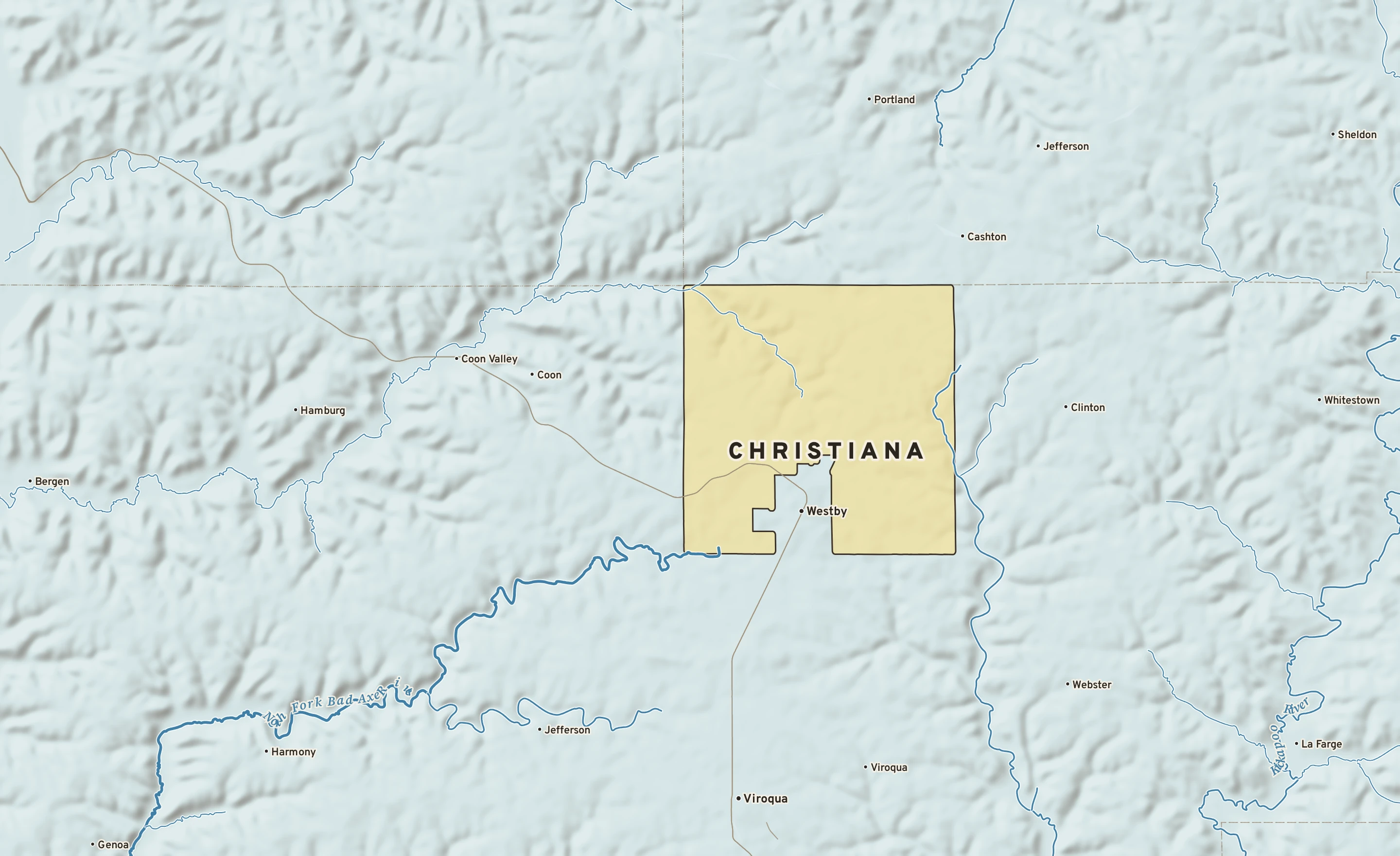 Shaded-relief atlas plate of Christiana, Wisconsin: rivers, roads, the city limits and where the water drains.