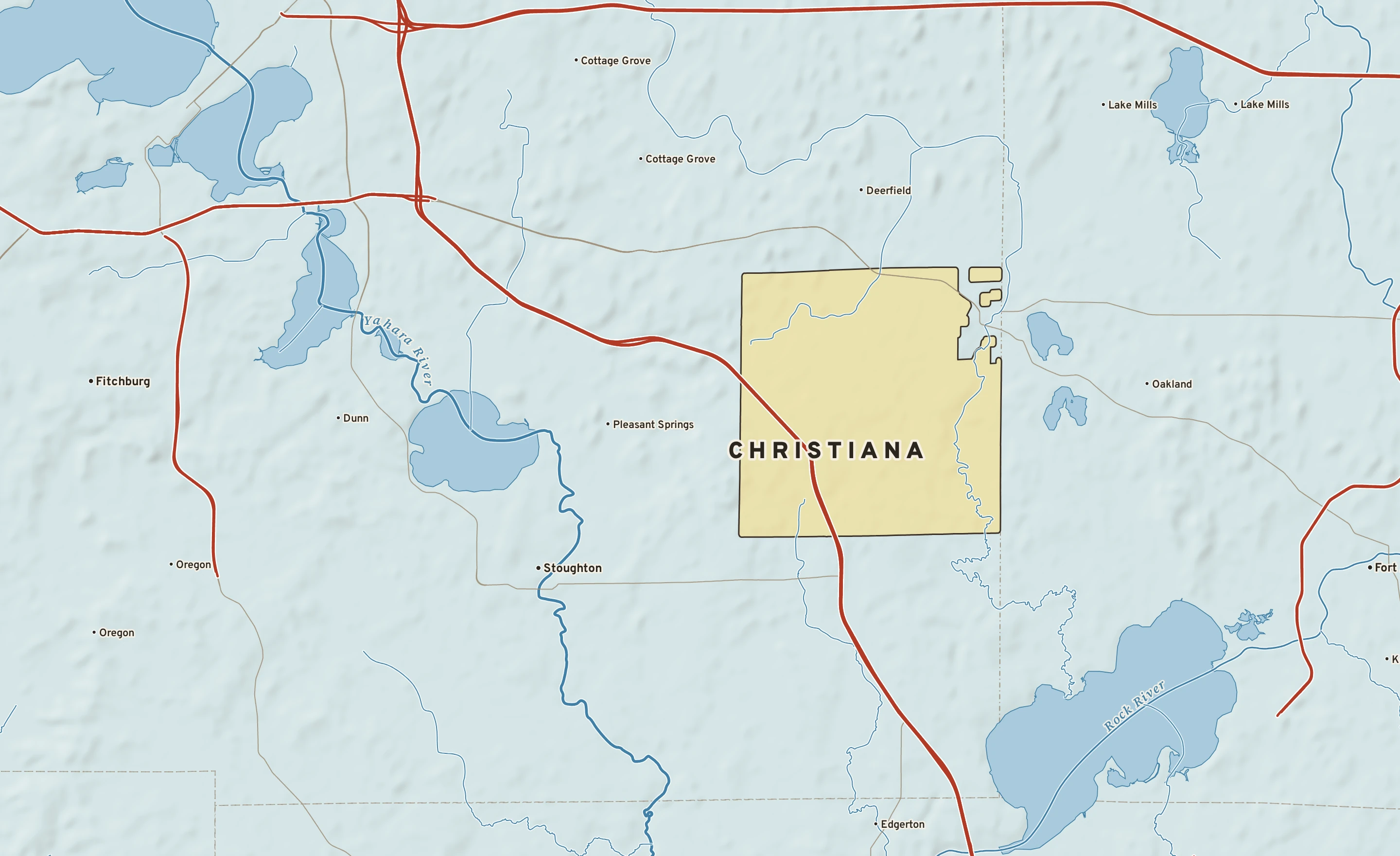 Shaded-relief atlas plate of Christiana, Wisconsin: rivers, roads, the city limits and where the water drains.