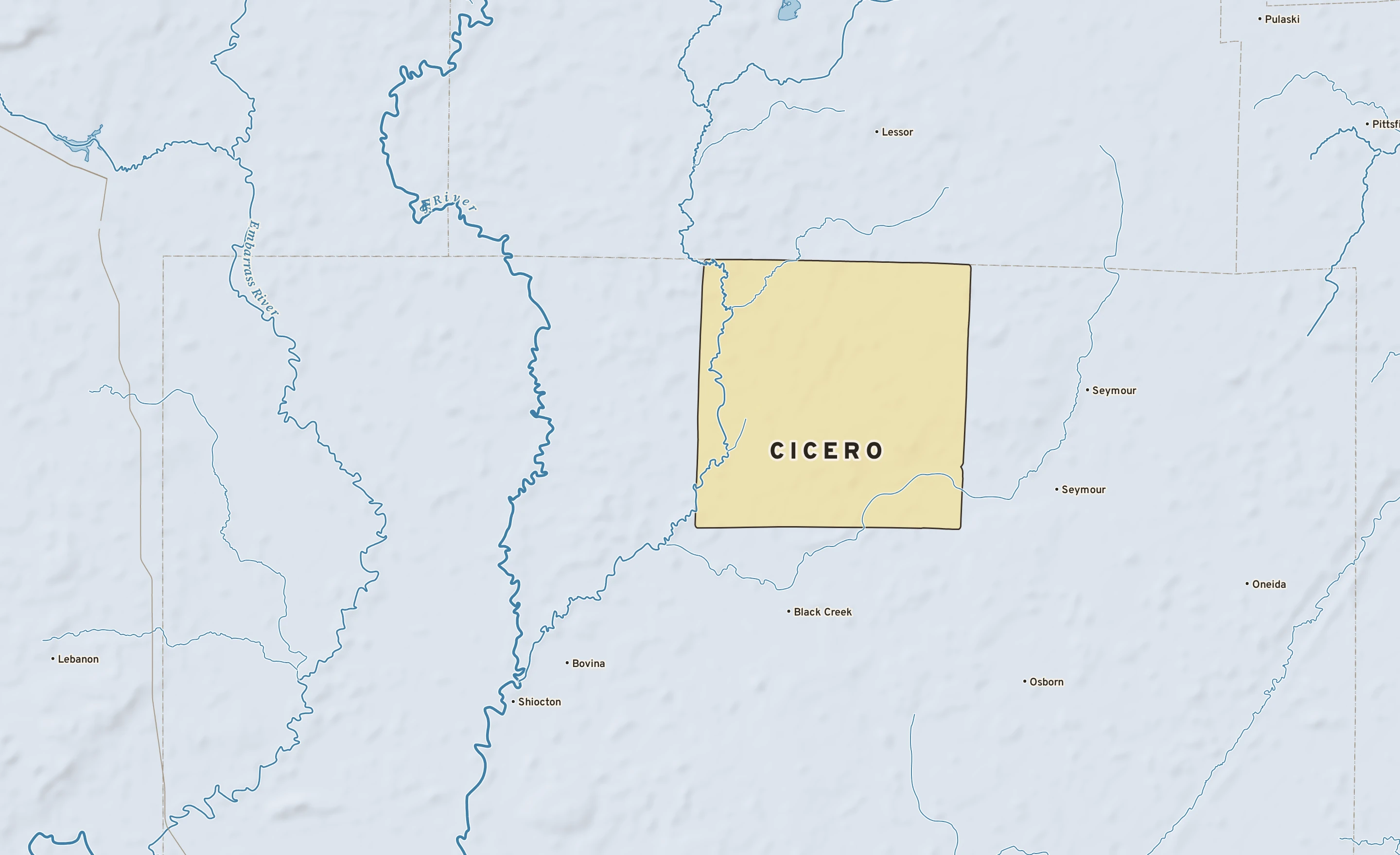 Shaded-relief atlas plate of Cicero, Wisconsin: rivers, roads, the city limits and where the water drains.