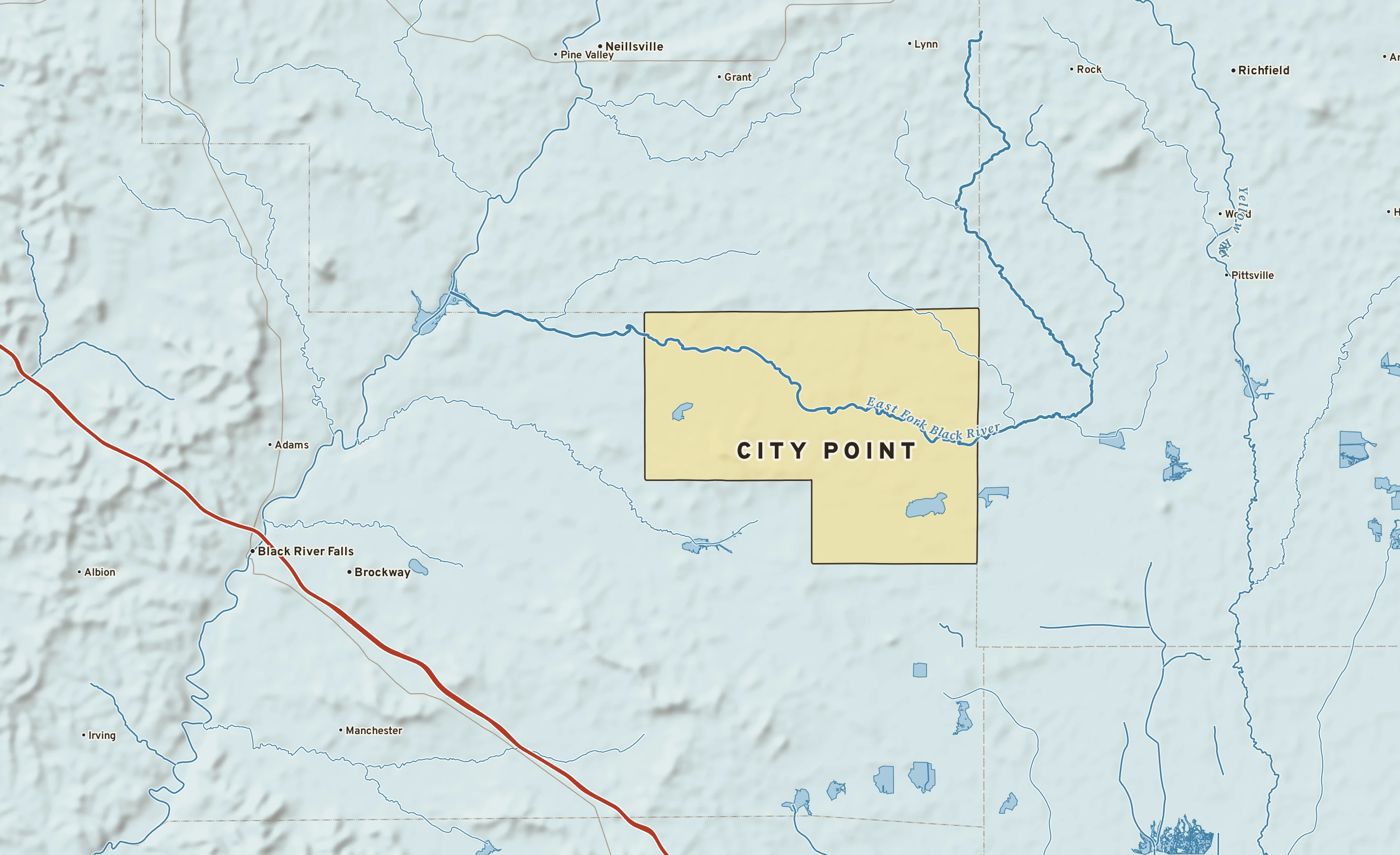 Shaded-relief atlas plate of City Point, Wisconsin: rivers, roads, the city limits and where the water drains.