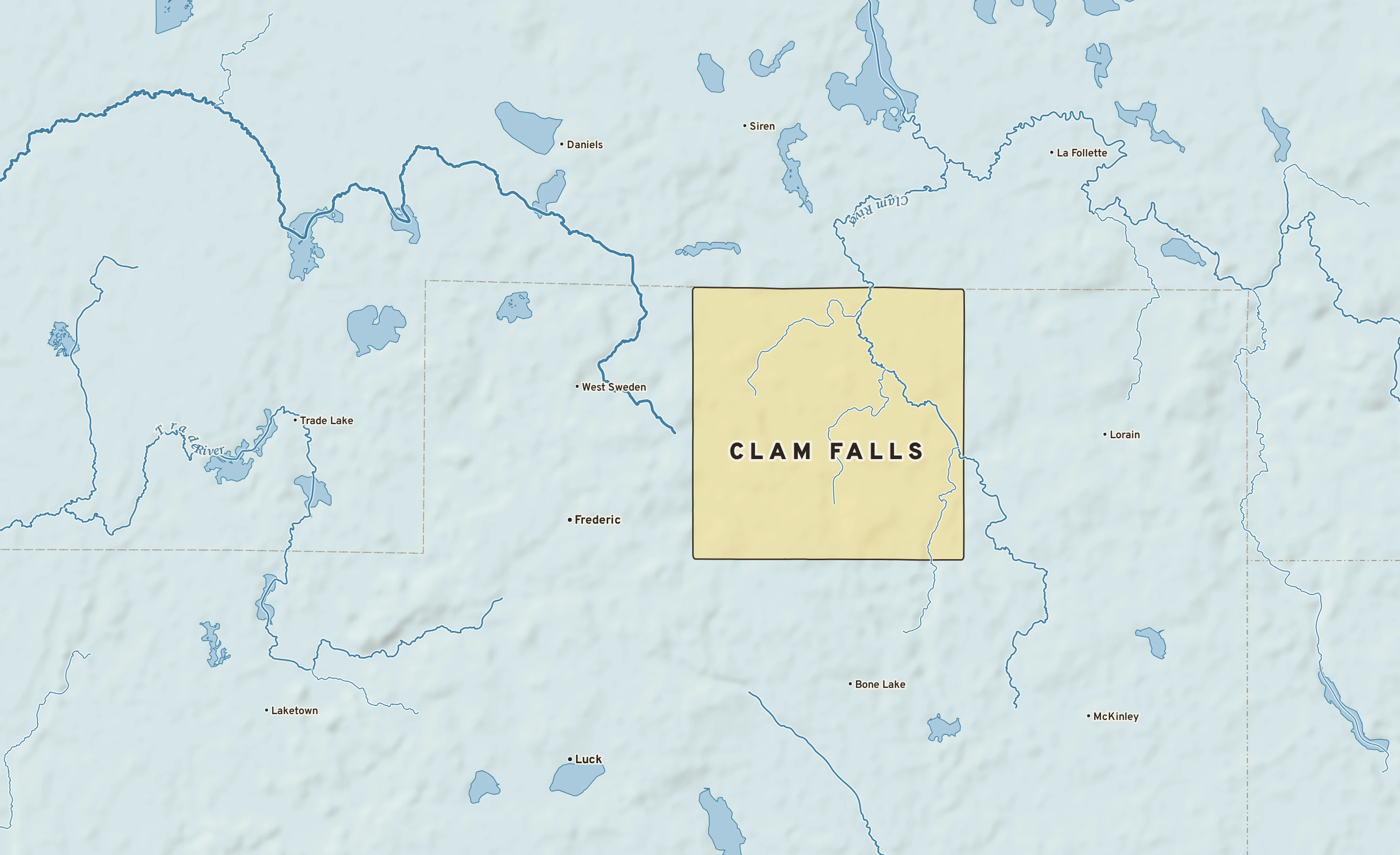 Shaded-relief atlas plate of Clam Falls, Wisconsin: rivers, roads, the city limits and where the water drains.
