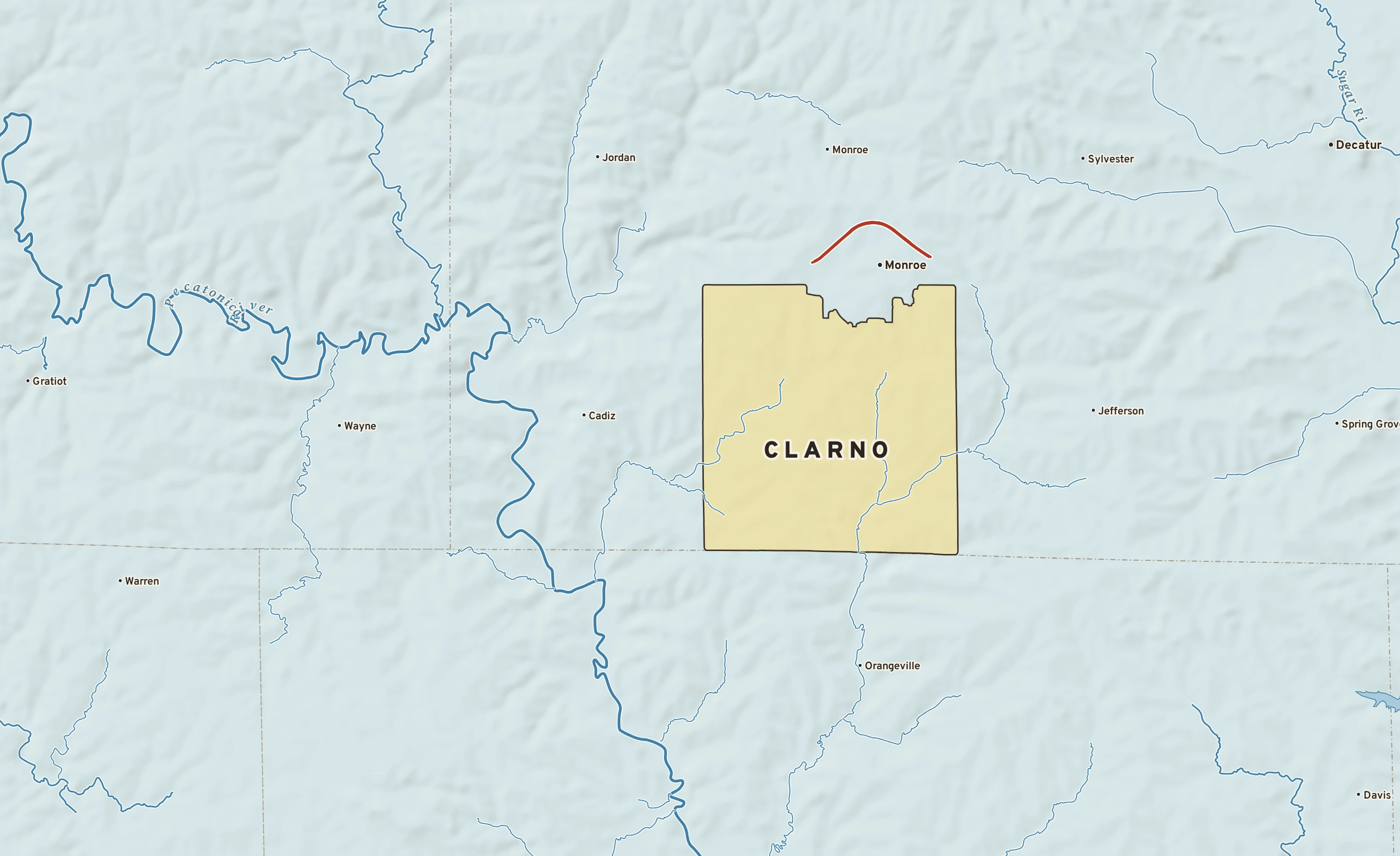 Shaded-relief atlas plate of Clarno, Wisconsin: rivers, roads, the city limits and where the water drains.