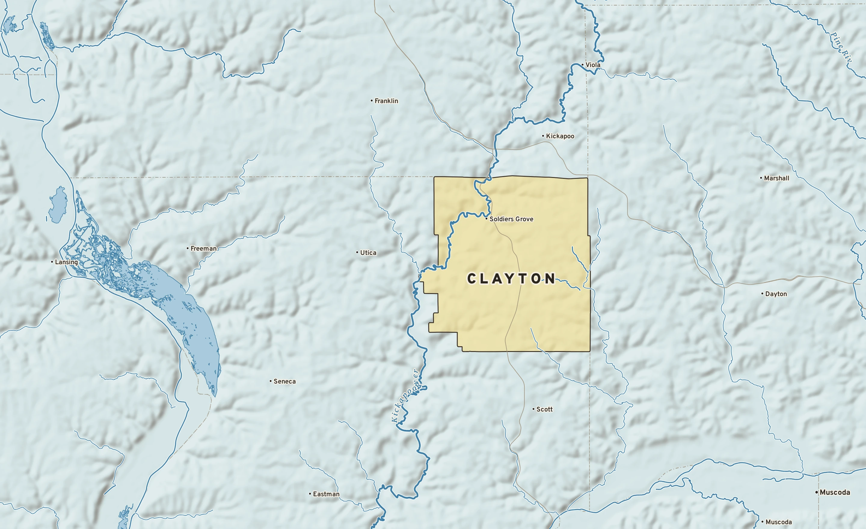 Shaded-relief atlas plate of Clayton, Wisconsin: rivers, roads, the city limits and where the water drains.
