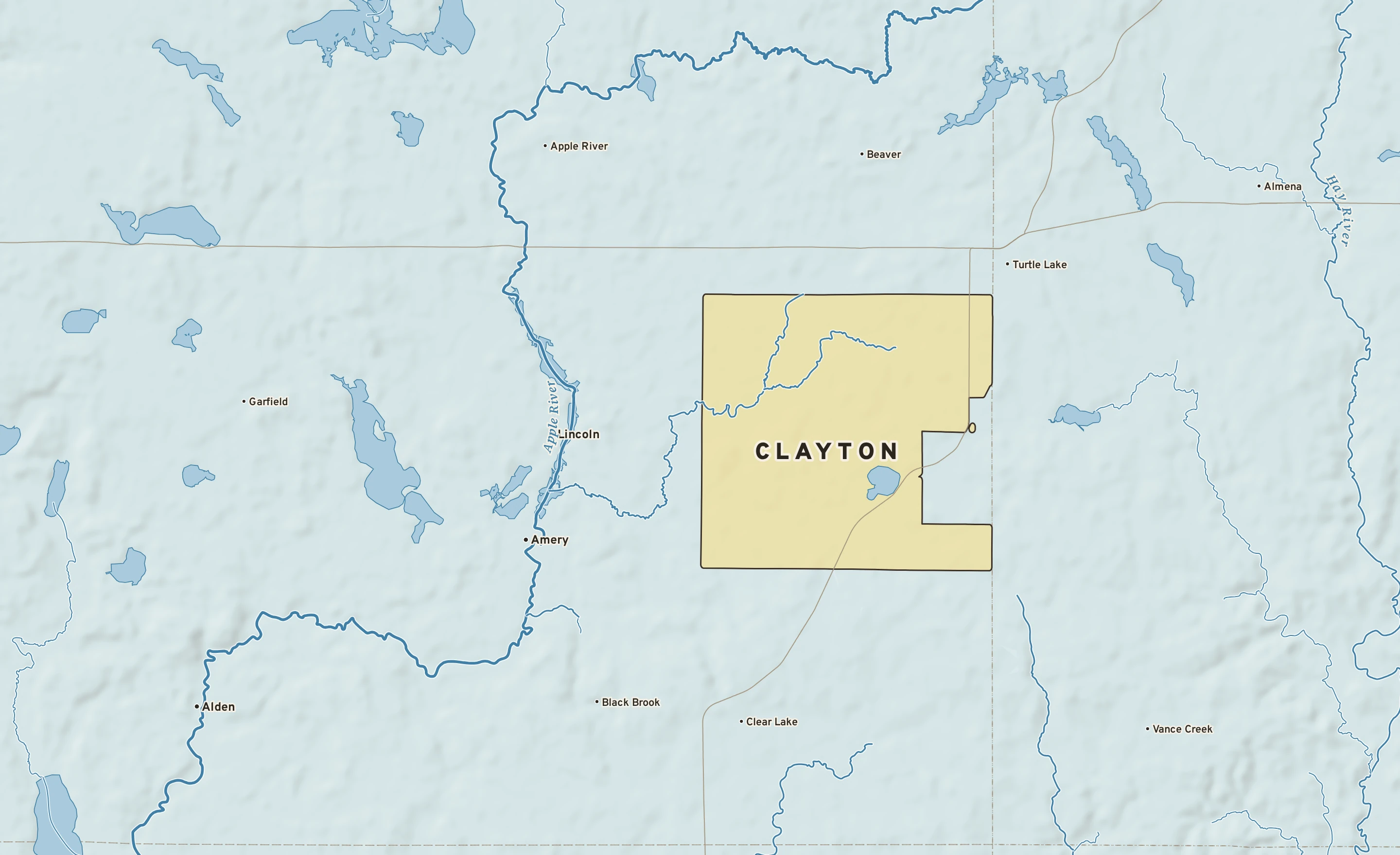 Shaded-relief atlas plate of Clayton, Wisconsin: rivers, roads, the city limits and where the water drains.