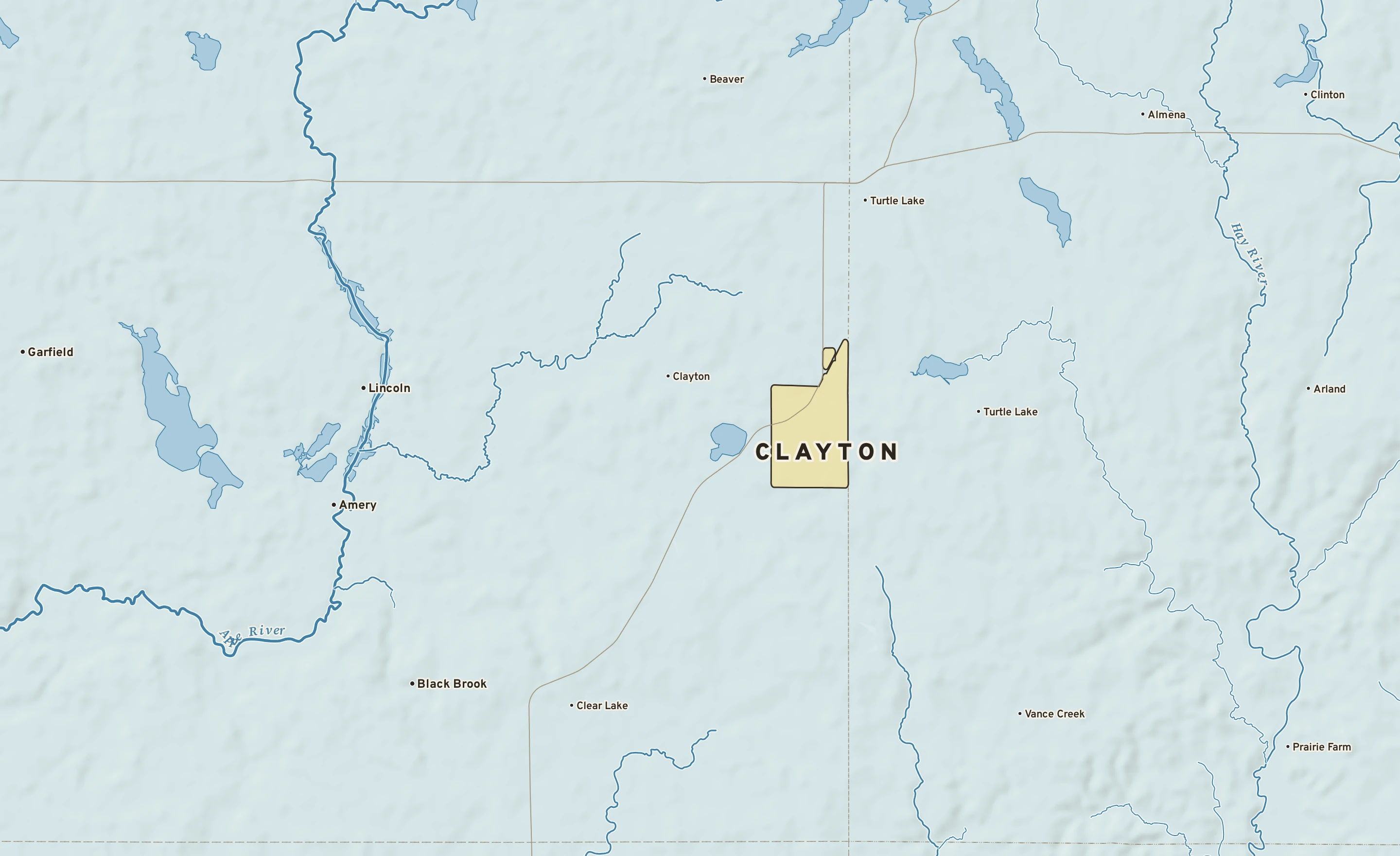 Shaded-relief atlas plate of Clayton, Wisconsin: rivers, roads, the city limits and where the water drains.