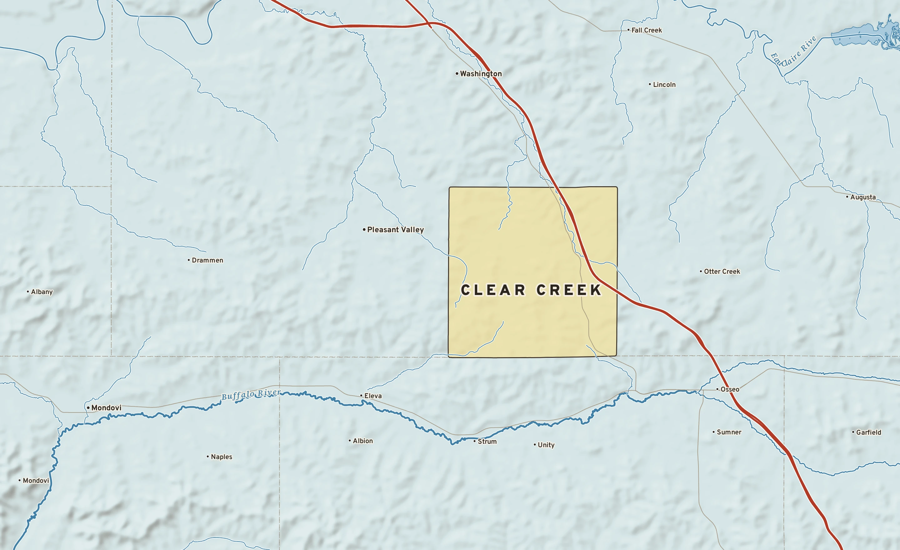 Shaded-relief atlas plate of Clear Creek, Wisconsin: rivers, roads, the city limits and where the water drains.
