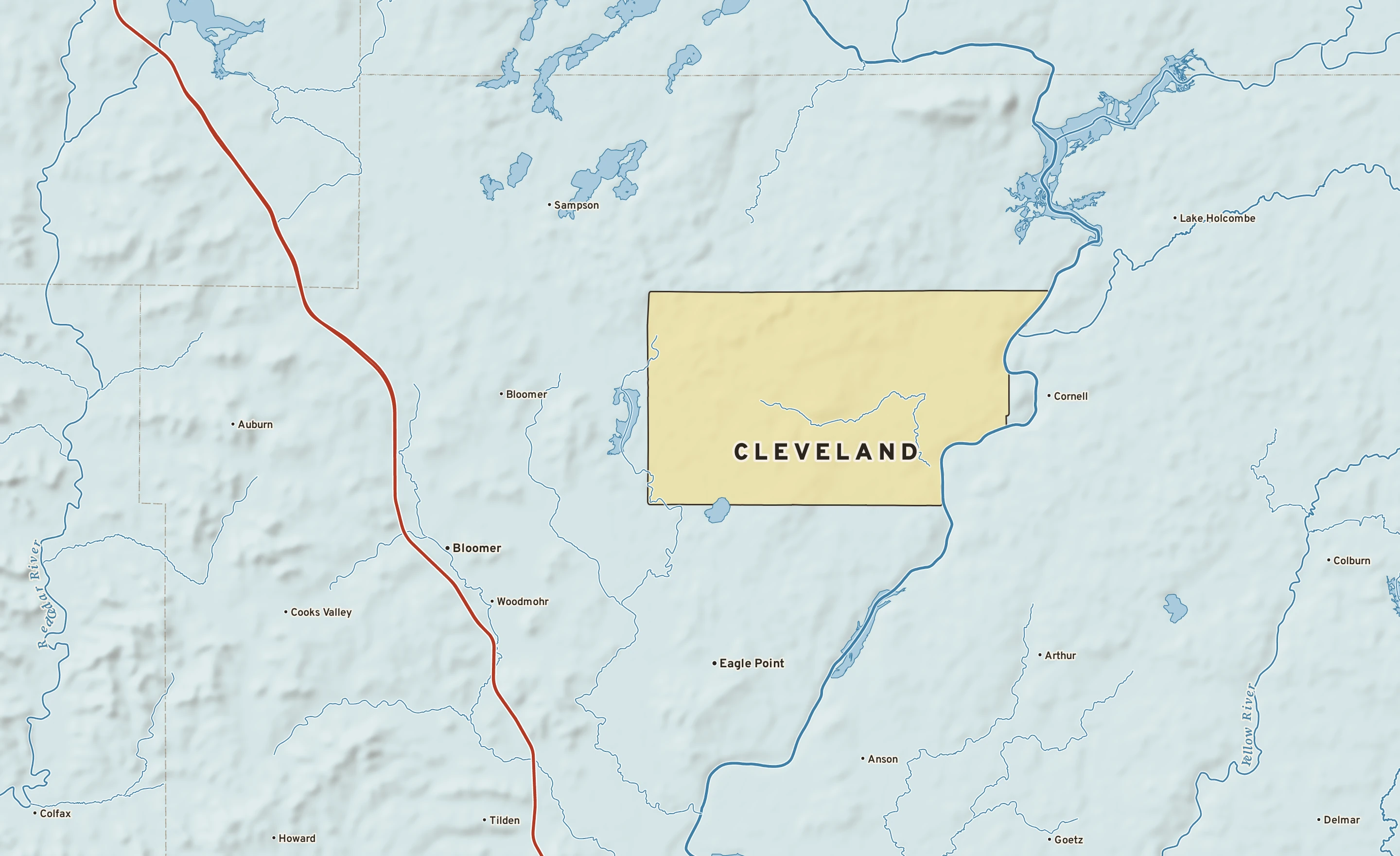 Shaded-relief atlas plate of Cleveland, Wisconsin: rivers, roads, the city limits and where the water drains.