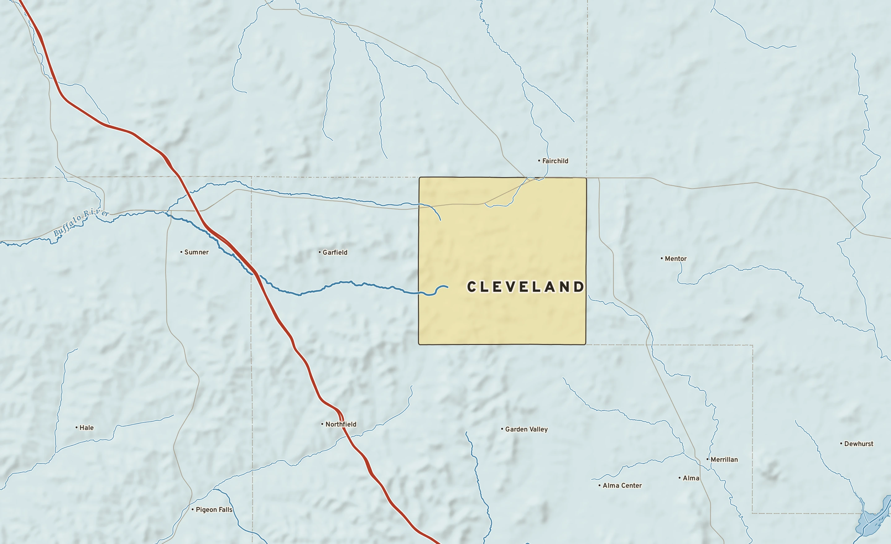 Shaded-relief atlas plate of Cleveland, Wisconsin: rivers, roads, the city limits and where the water drains.