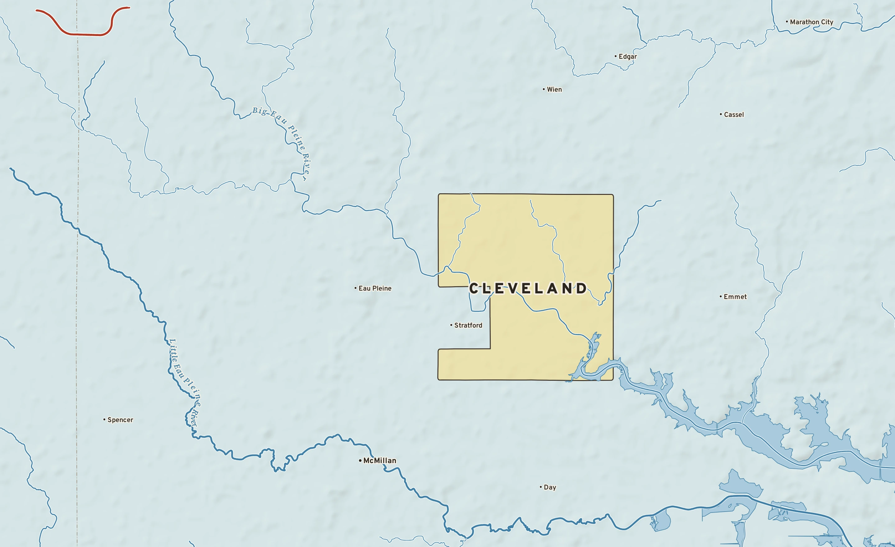 Shaded-relief atlas plate of Cleveland, Wisconsin: rivers, roads, the city limits and where the water drains.