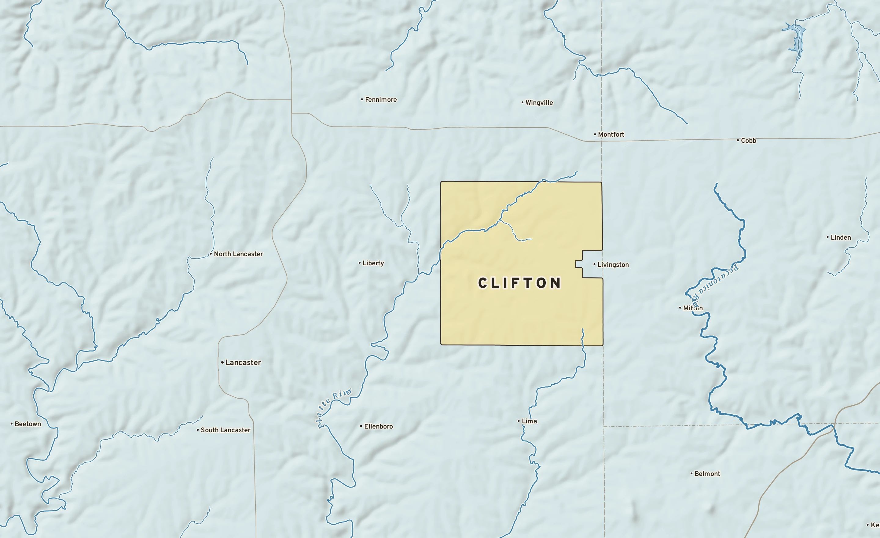 Shaded-relief atlas plate of Clifton, Wisconsin: rivers, roads, the city limits and where the water drains.