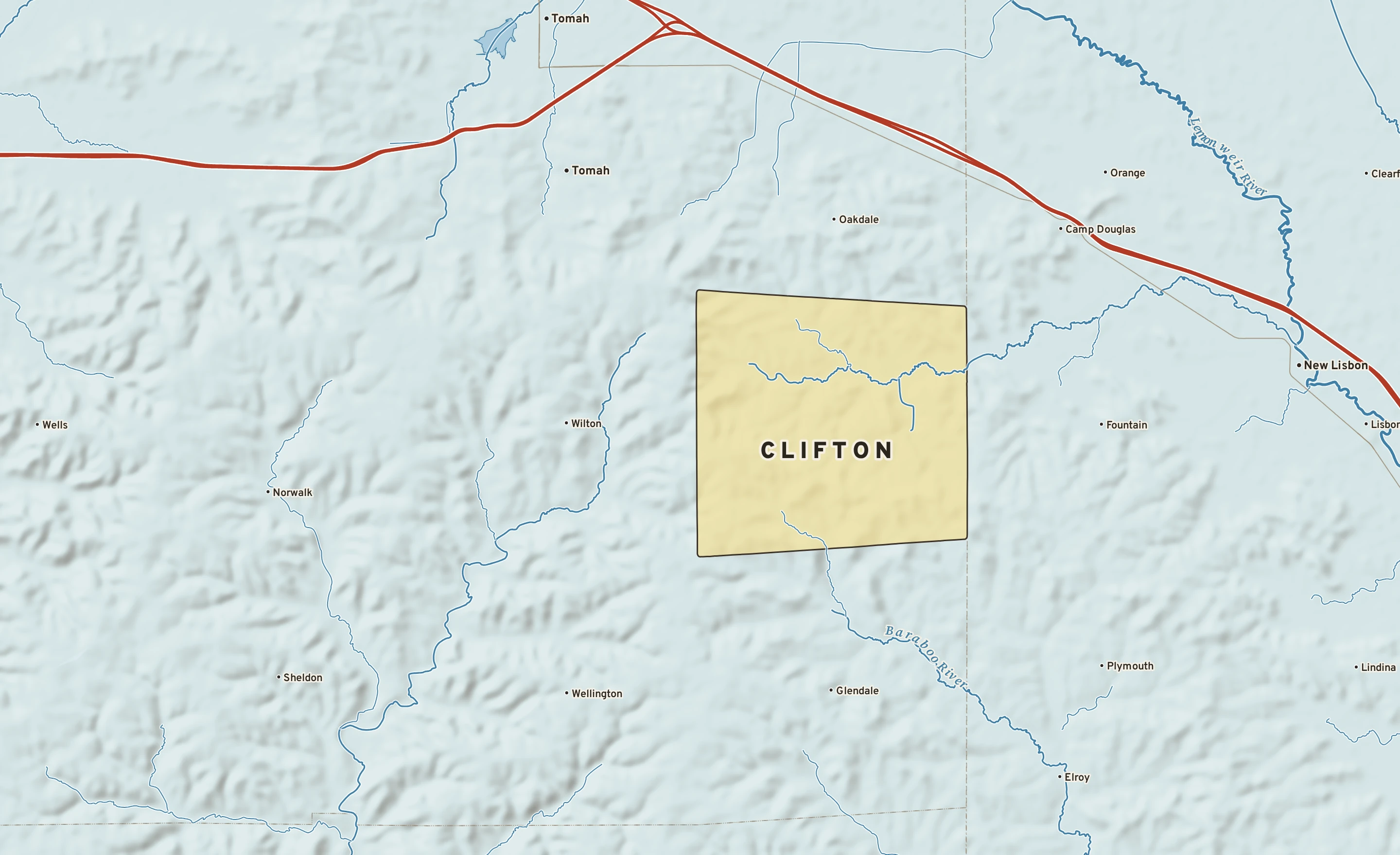 Shaded-relief atlas plate of Clifton, Wisconsin: rivers, roads, the city limits and where the water drains.