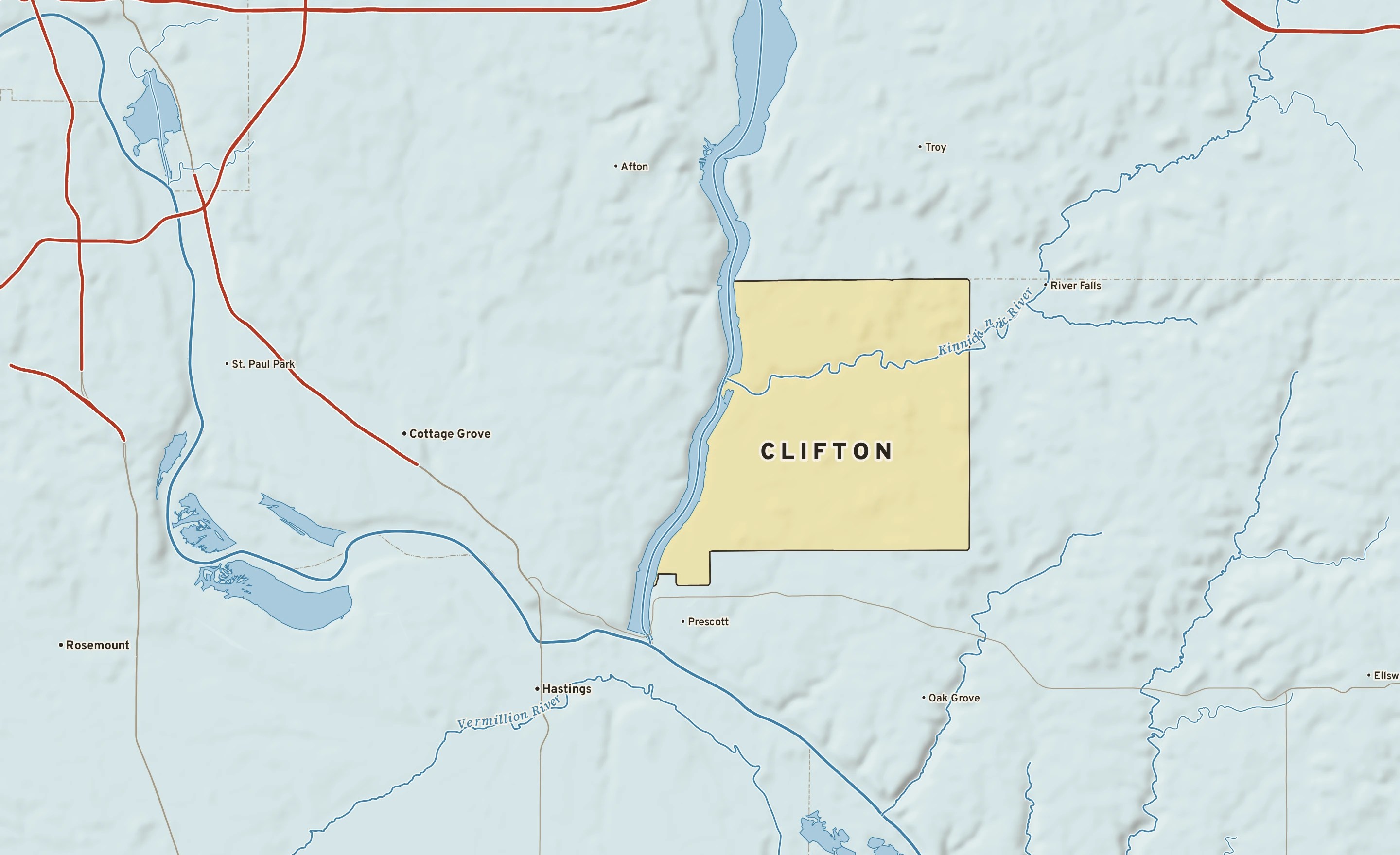 Shaded-relief atlas plate of Clifton, Wisconsin: rivers, roads, the city limits and where the water drains.