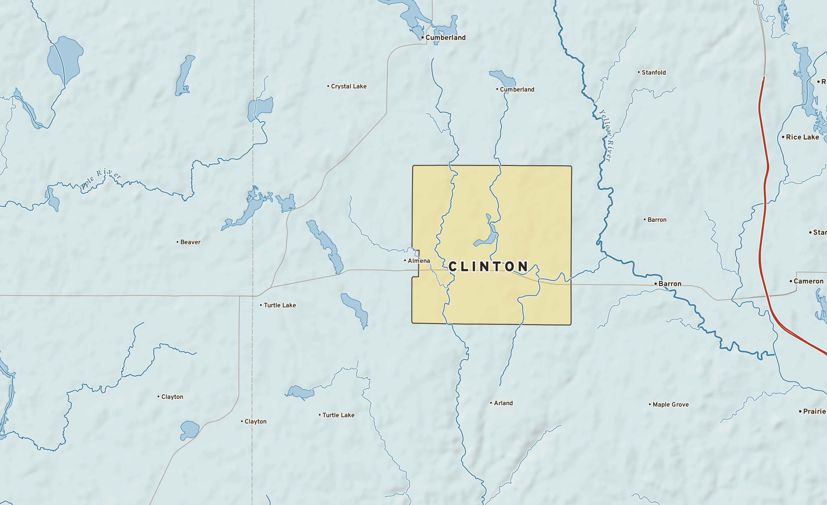 Shaded-relief atlas plate of Clinton, Wisconsin: rivers, roads, the city limits and where the water drains.