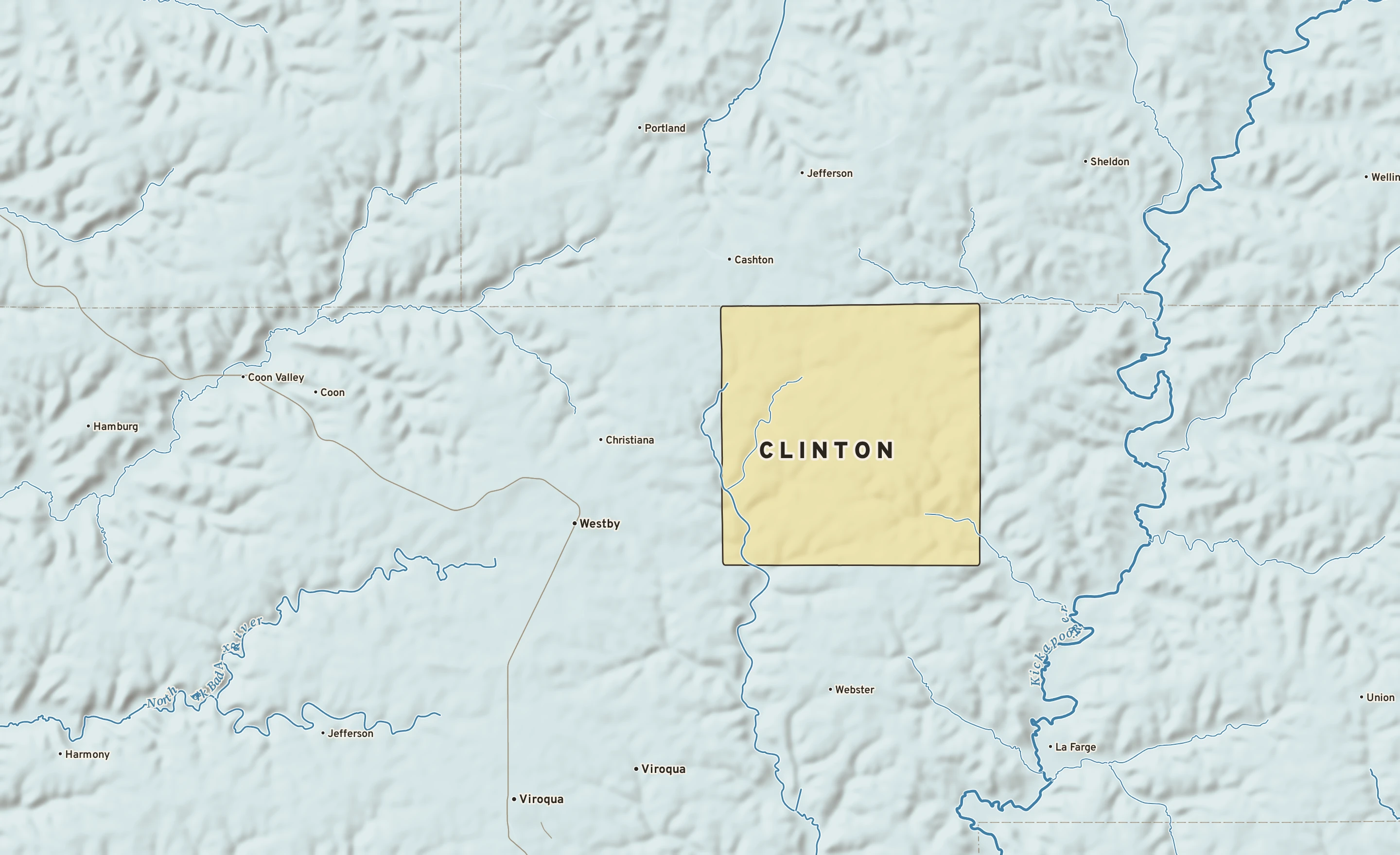 Shaded-relief atlas plate of Clinton, Wisconsin: rivers, roads, the city limits and where the water drains.