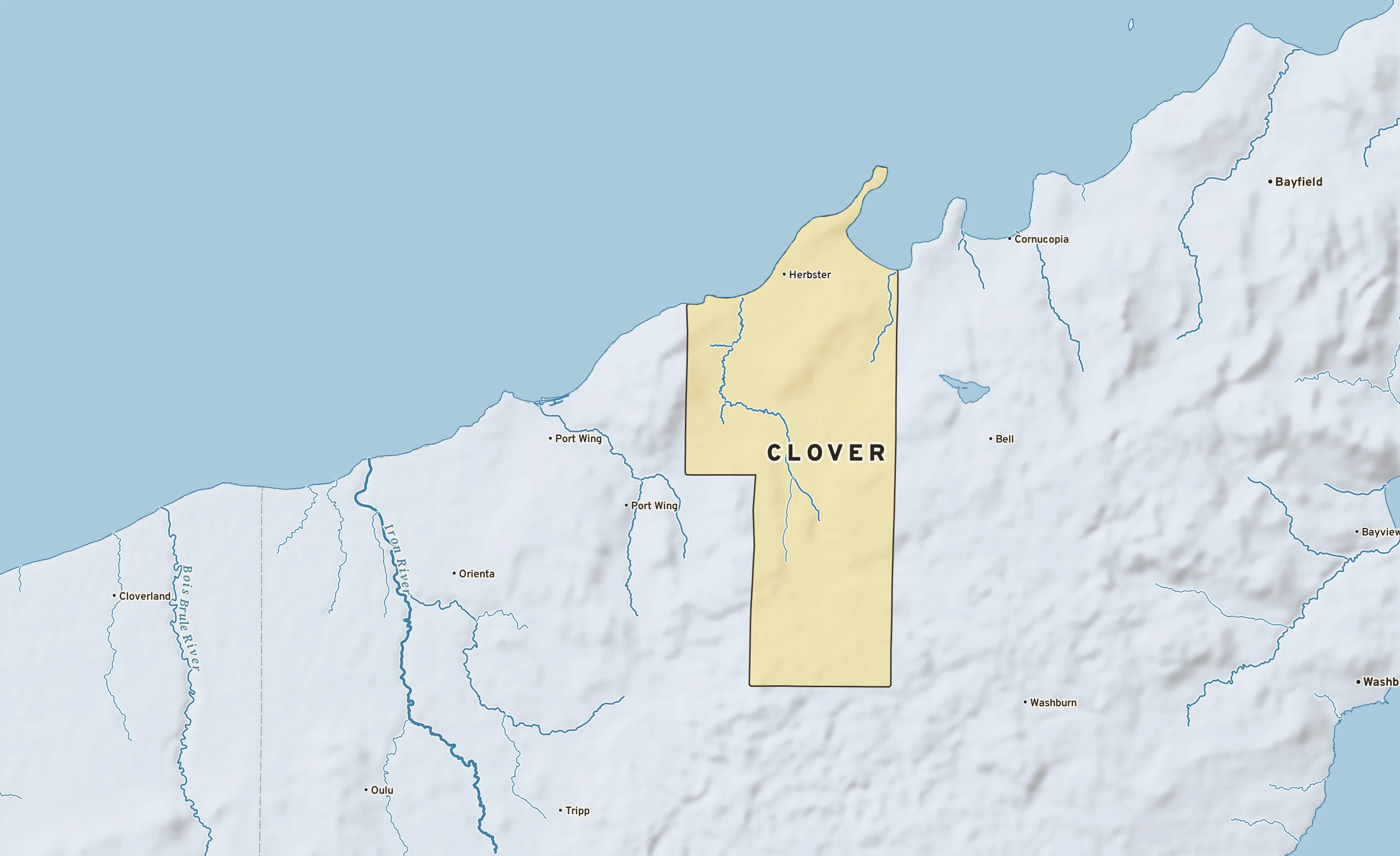 Shaded-relief atlas plate of Clover, Wisconsin: rivers, roads, the city limits and where the water drains.
