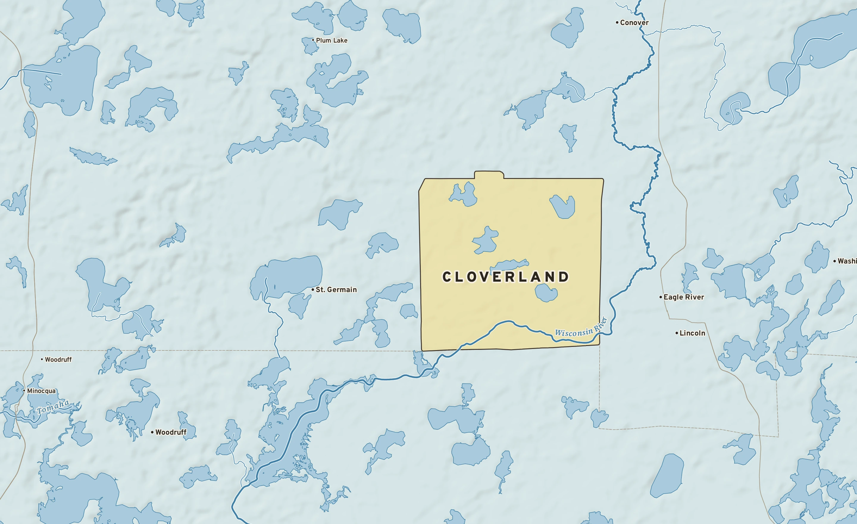 Shaded-relief atlas plate of Cloverland, Wisconsin: rivers, roads, the city limits and where the water drains.