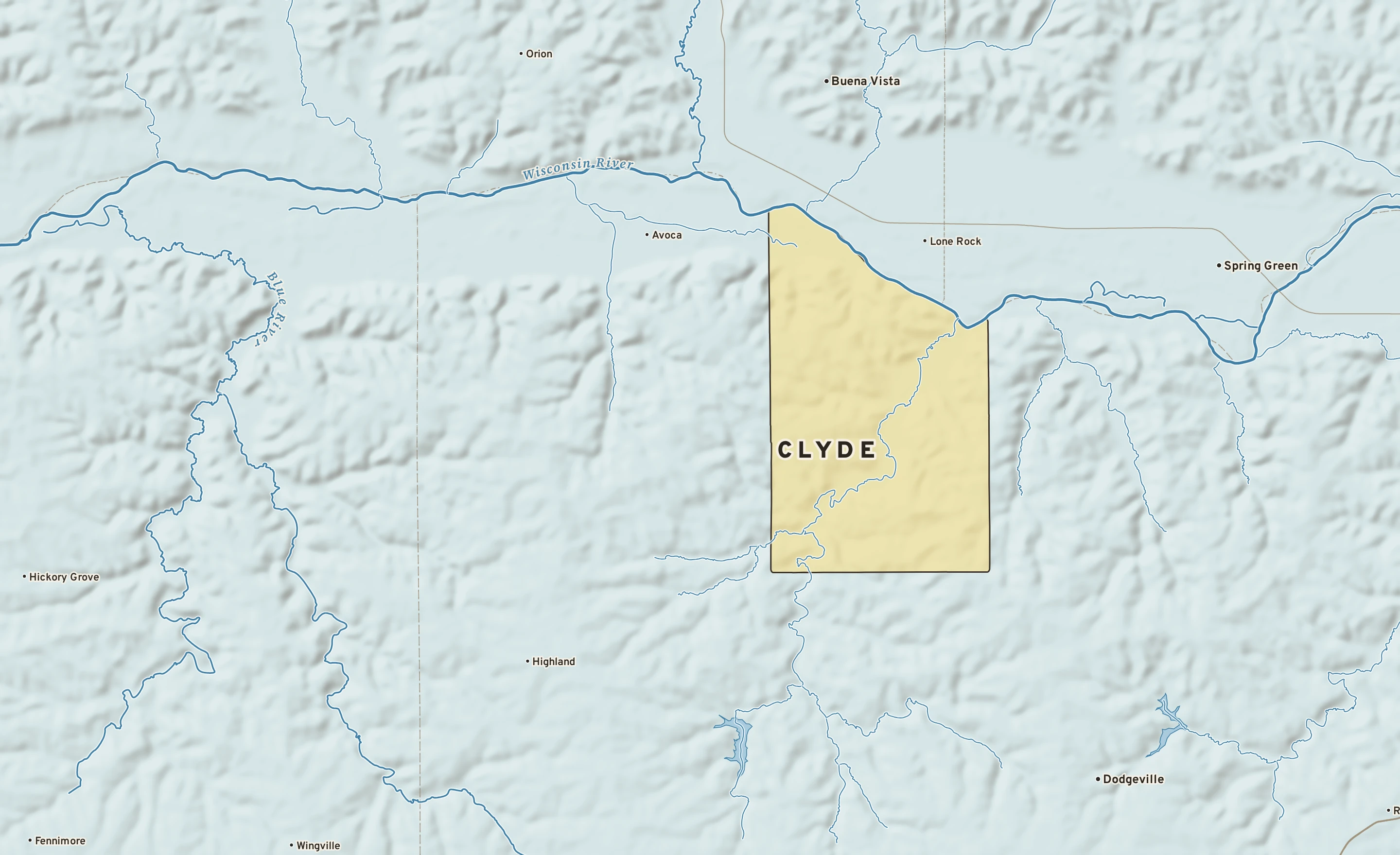 Shaded-relief atlas plate of Clyde, Wisconsin: rivers, roads, the city limits and where the water drains.