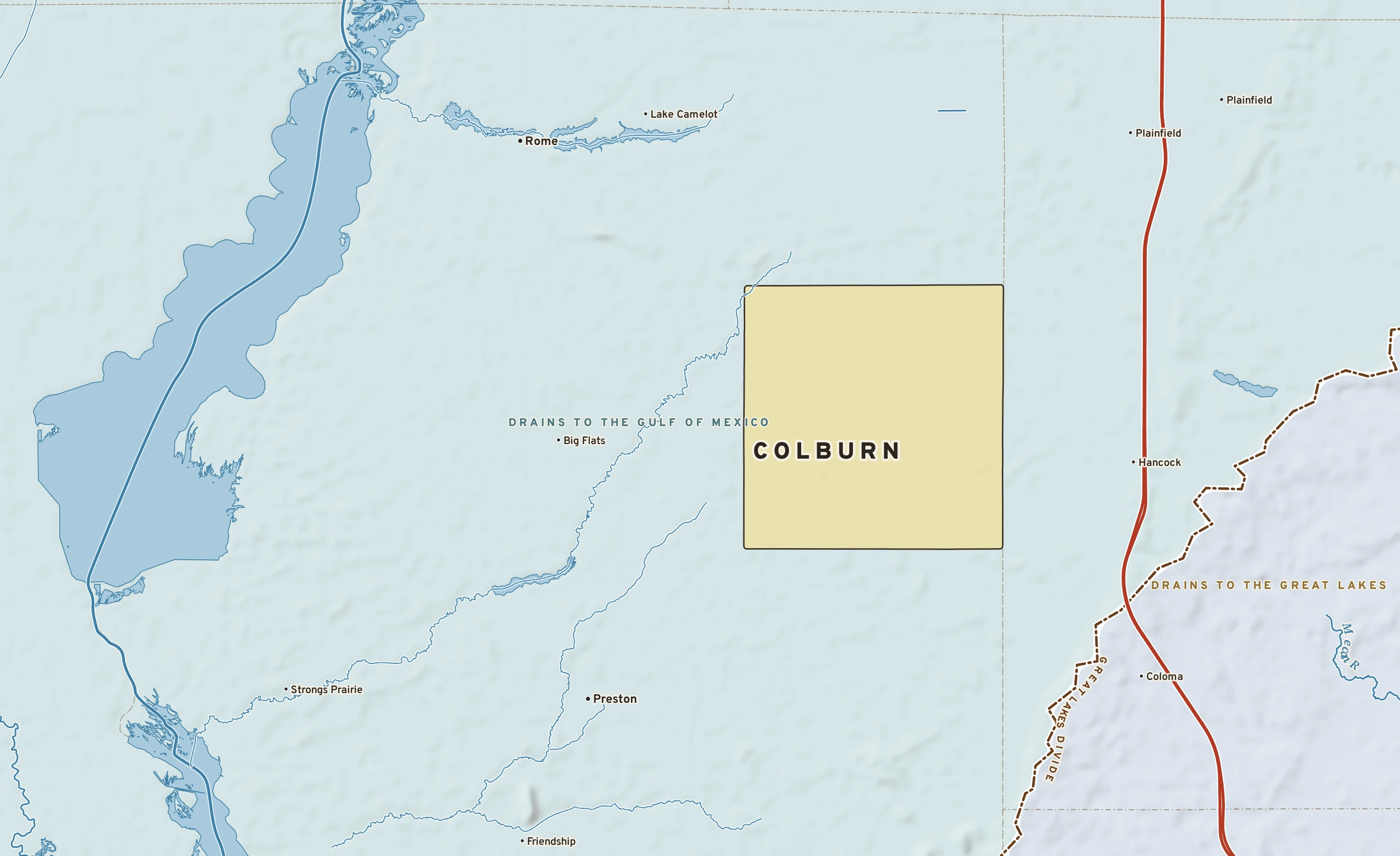 Shaded-relief atlas plate of Colburn, Wisconsin: rivers, roads, the city limits and where the water drains.