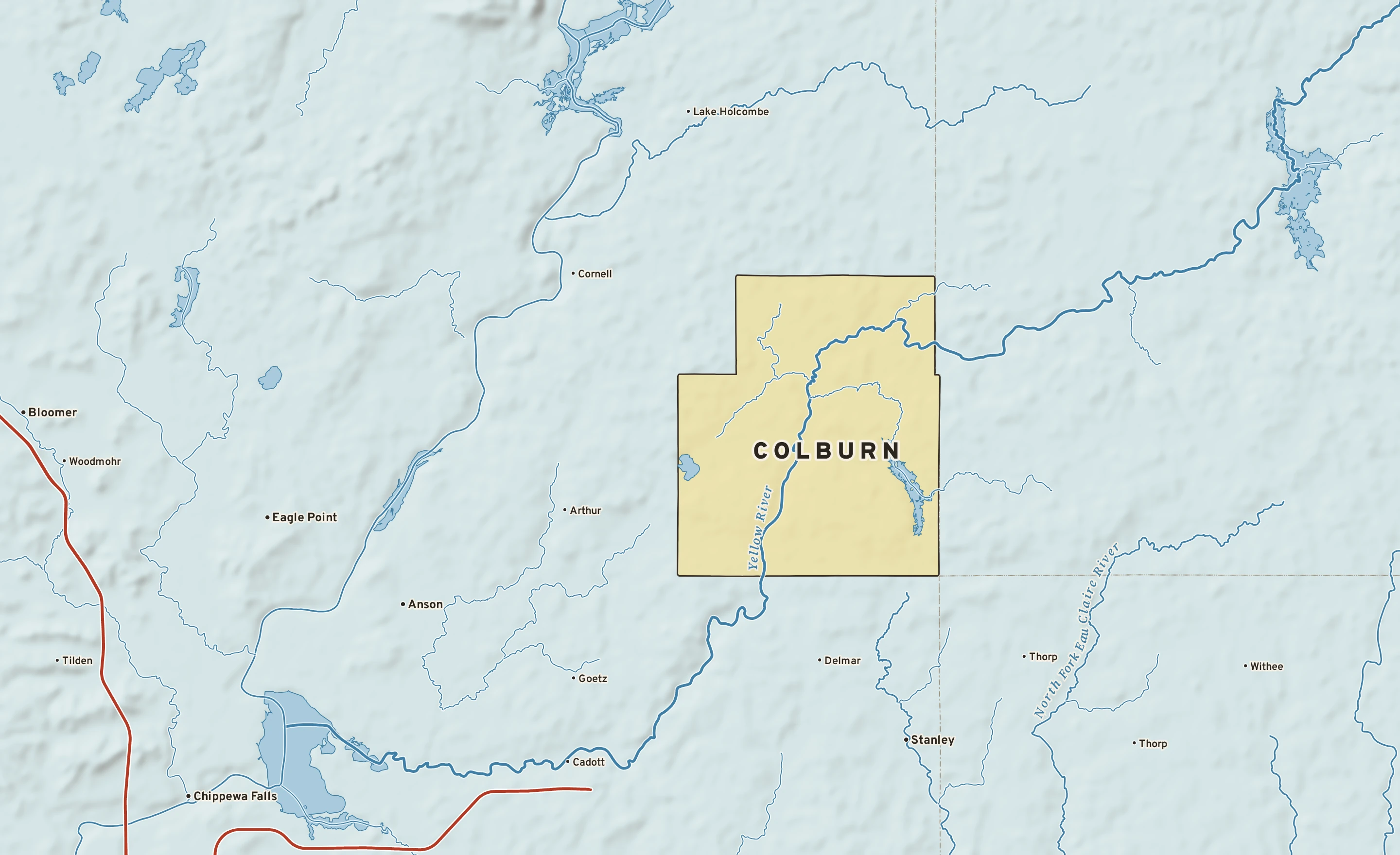 Shaded-relief atlas plate of Colburn, Wisconsin: rivers, roads, the city limits and where the water drains.