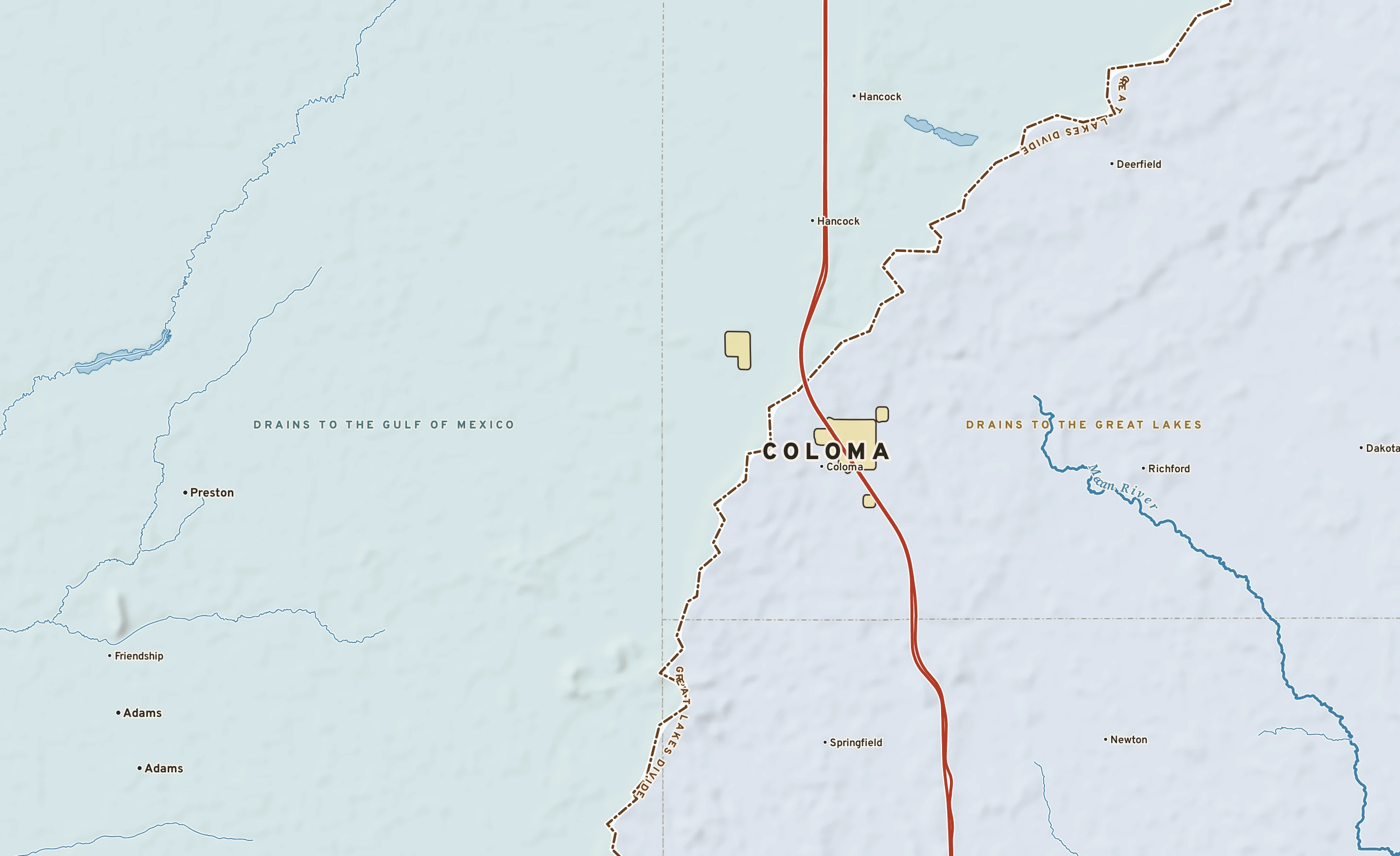 Shaded-relief atlas plate of Coloma, Wisconsin: rivers, roads, the city limits and where the water drains.