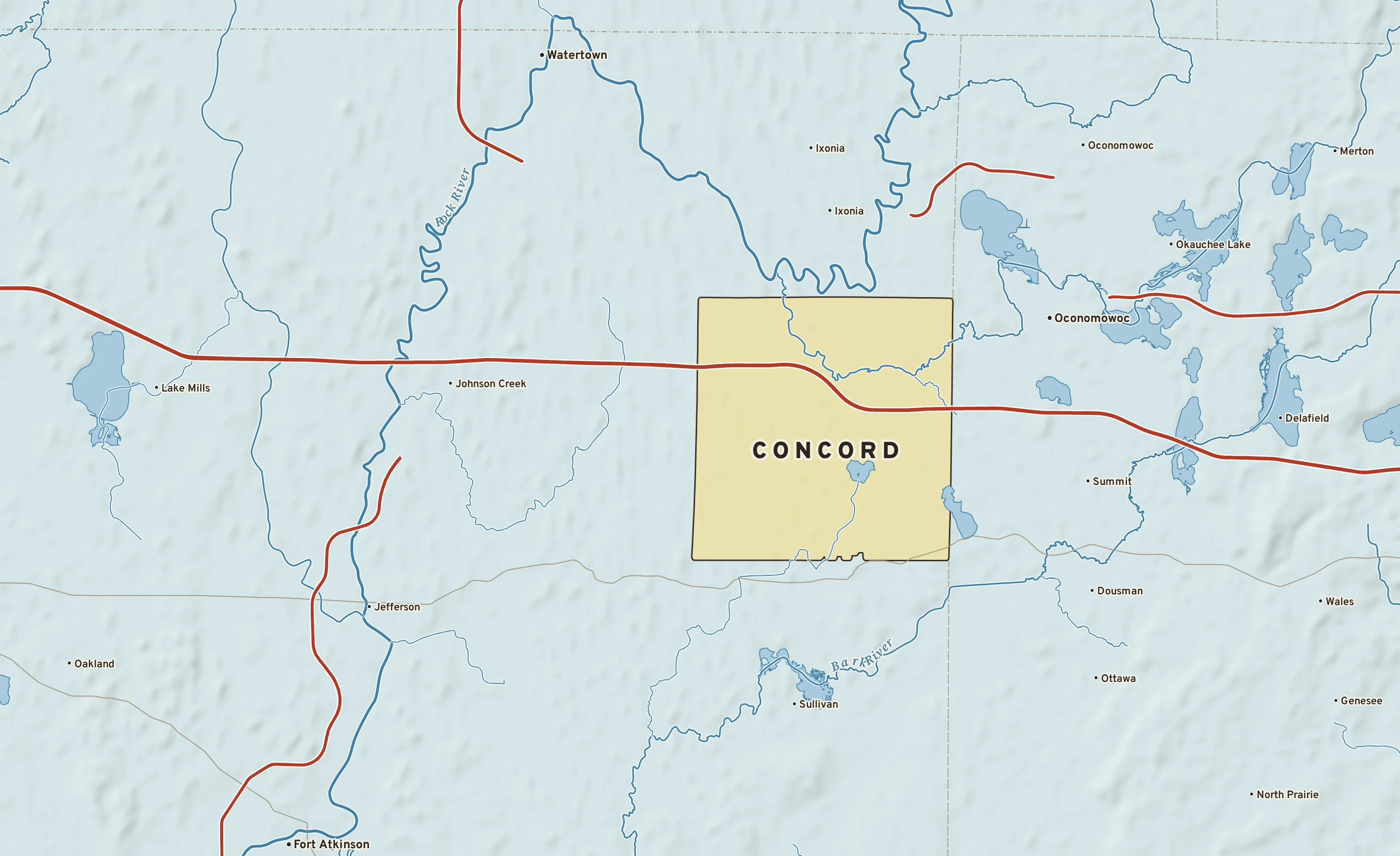 Shaded-relief atlas plate of Concord, Wisconsin: rivers, roads, the city limits and where the water drains.
