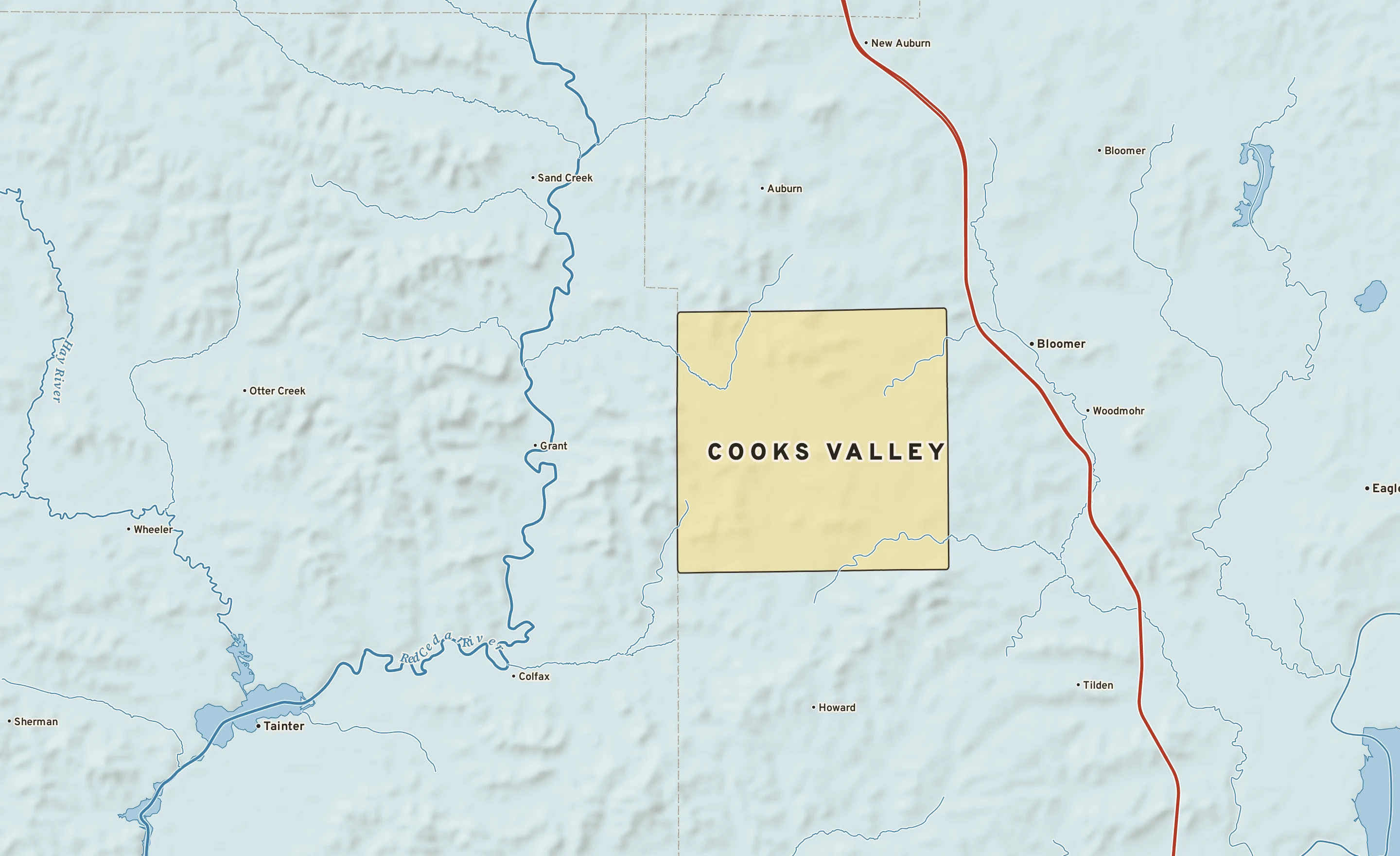 Shaded-relief atlas plate of Cooks Valley, Wisconsin: rivers, roads, the city limits and where the water drains.