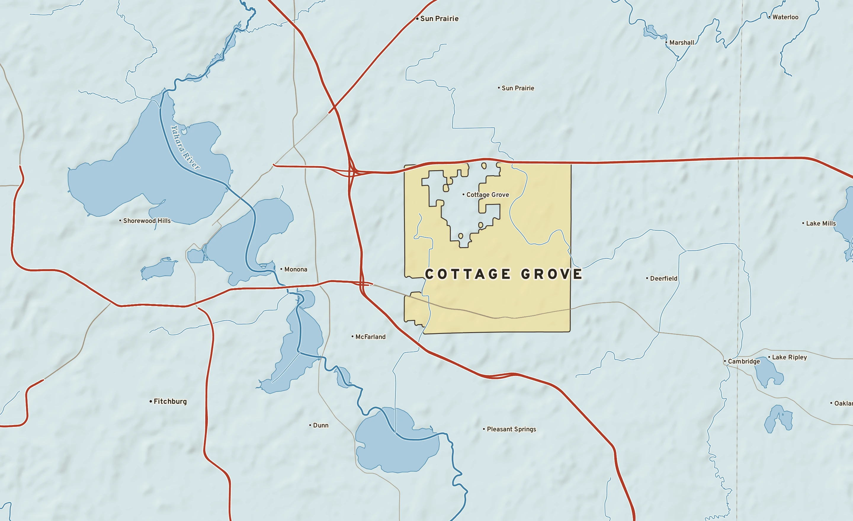 Shaded-relief atlas plate of Cottage Grove, Wisconsin: rivers, roads, the city limits and where the water drains.