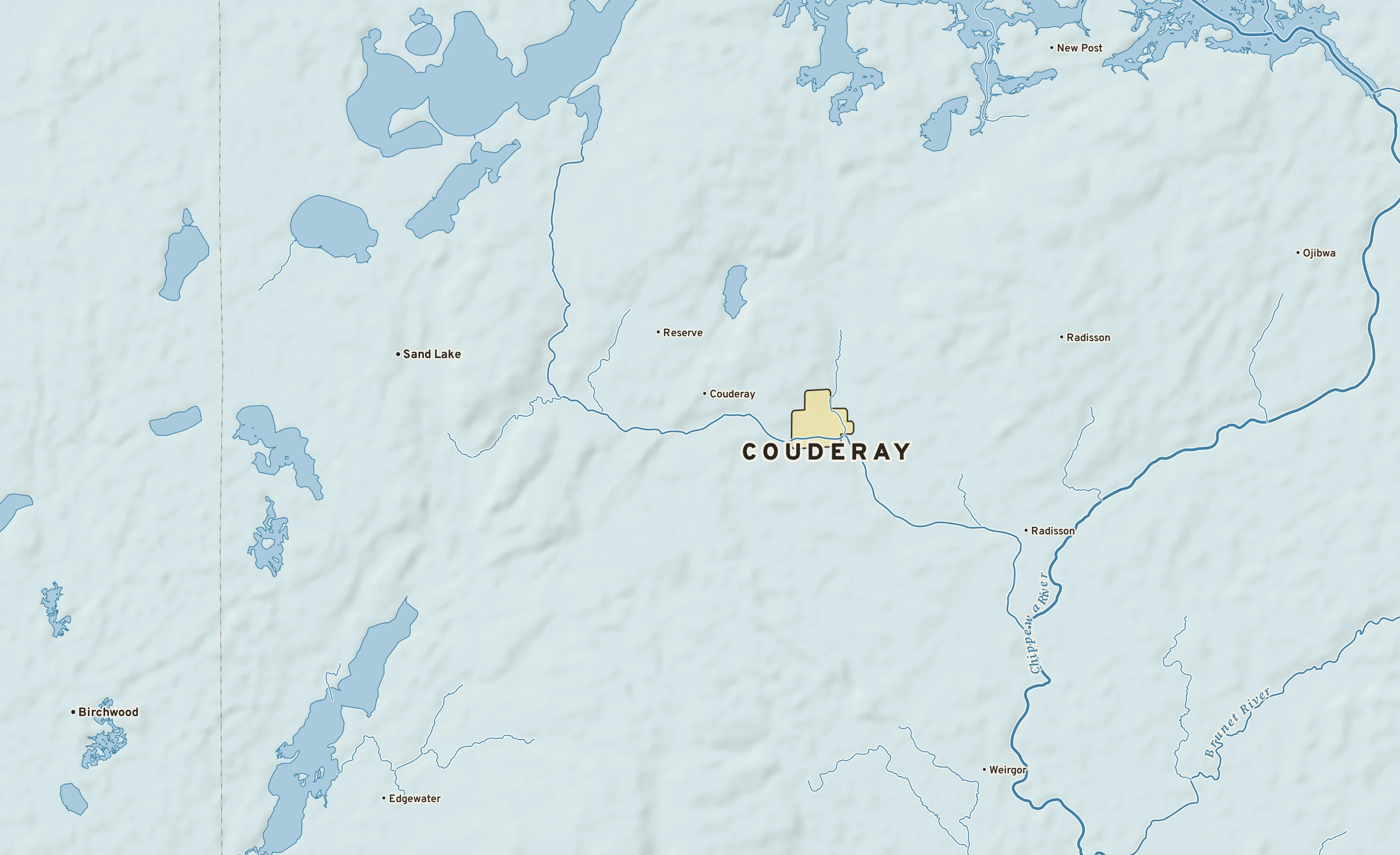 Shaded-relief atlas plate of Couderay, Wisconsin: rivers, roads, the city limits and where the water drains.