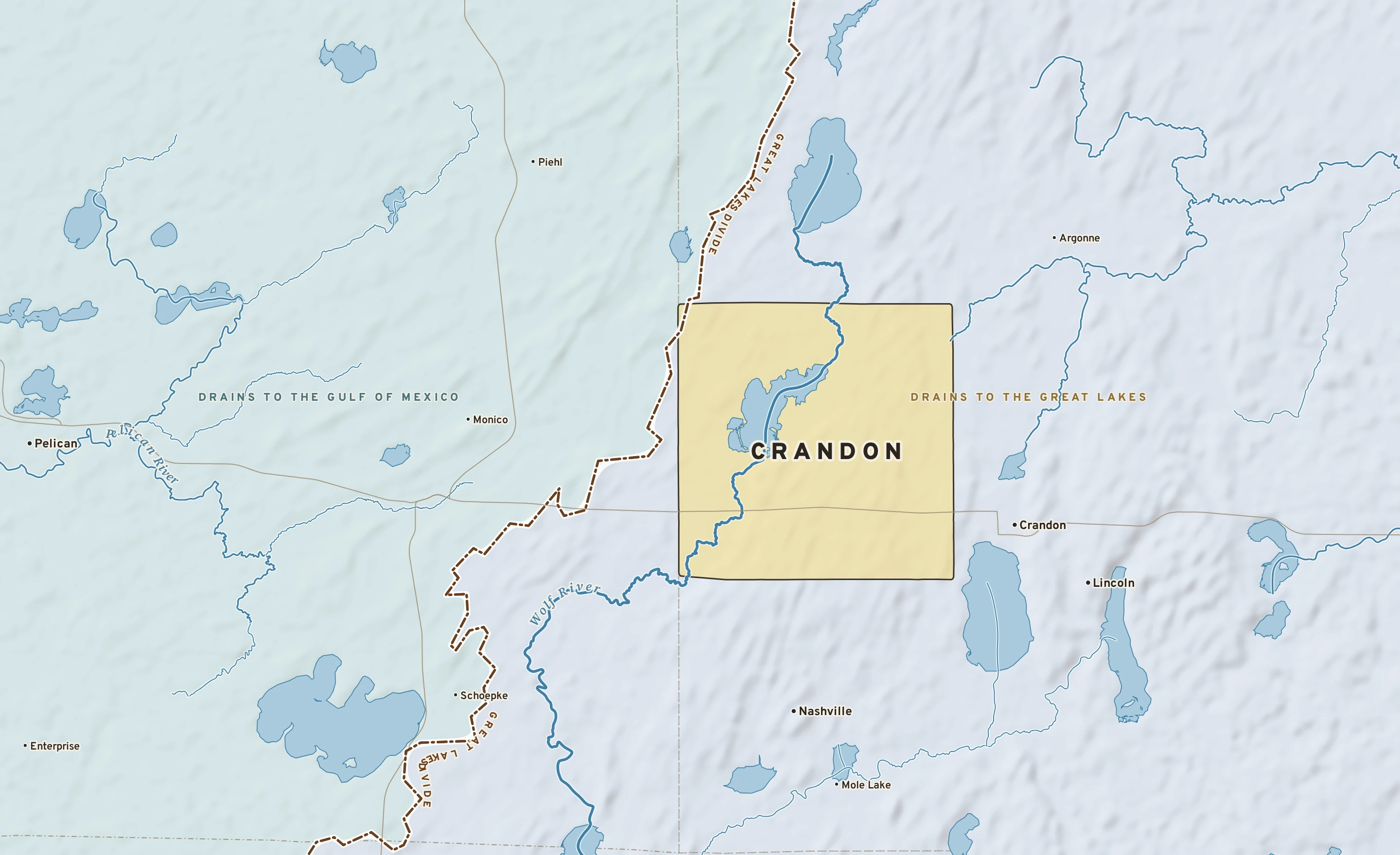 Shaded-relief atlas plate of Crandon, Wisconsin: rivers, roads, the city limits and where the water drains.