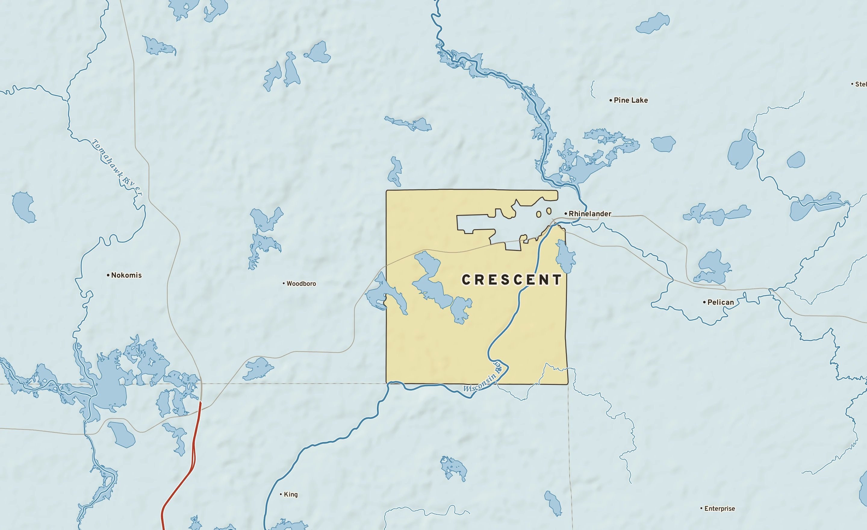 Shaded-relief atlas plate of Crescent, Wisconsin: rivers, roads, the city limits and where the water drains.