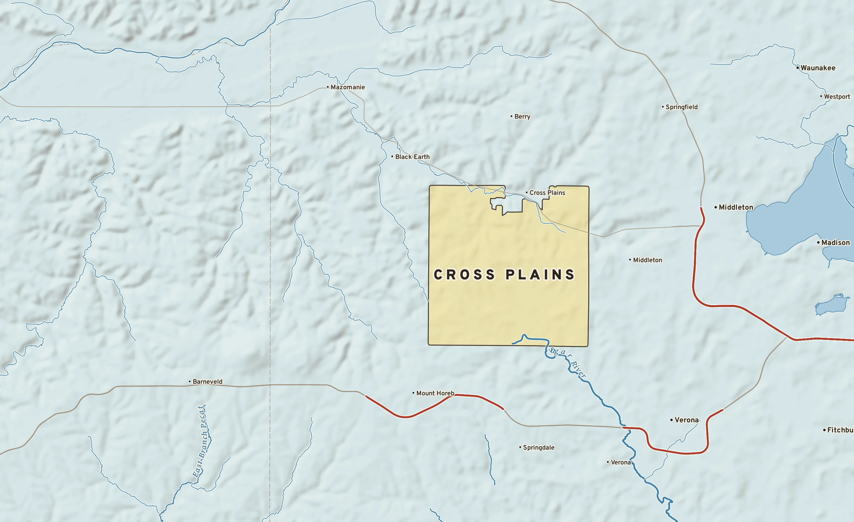 Shaded-relief atlas plate of Cross Plains, Wisconsin: rivers, roads, the city limits and where the water drains.