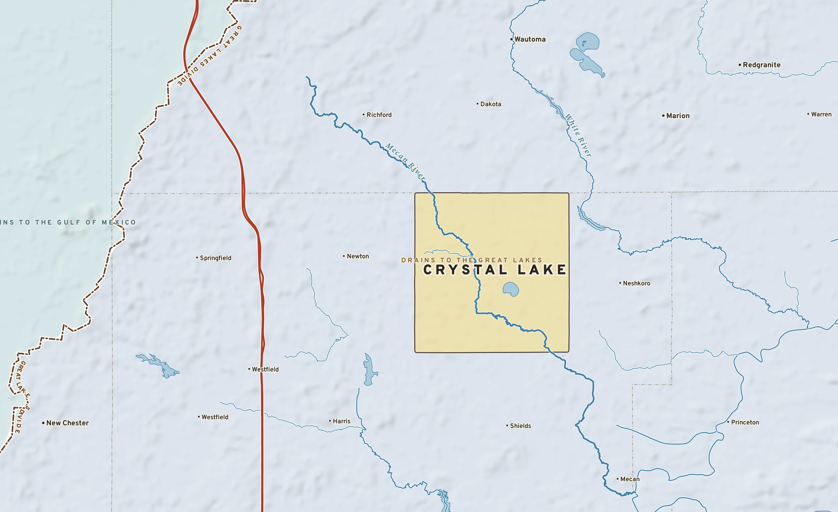 Shaded-relief atlas plate of Crystal Lake, Wisconsin: rivers, roads, the city limits and where the water drains.