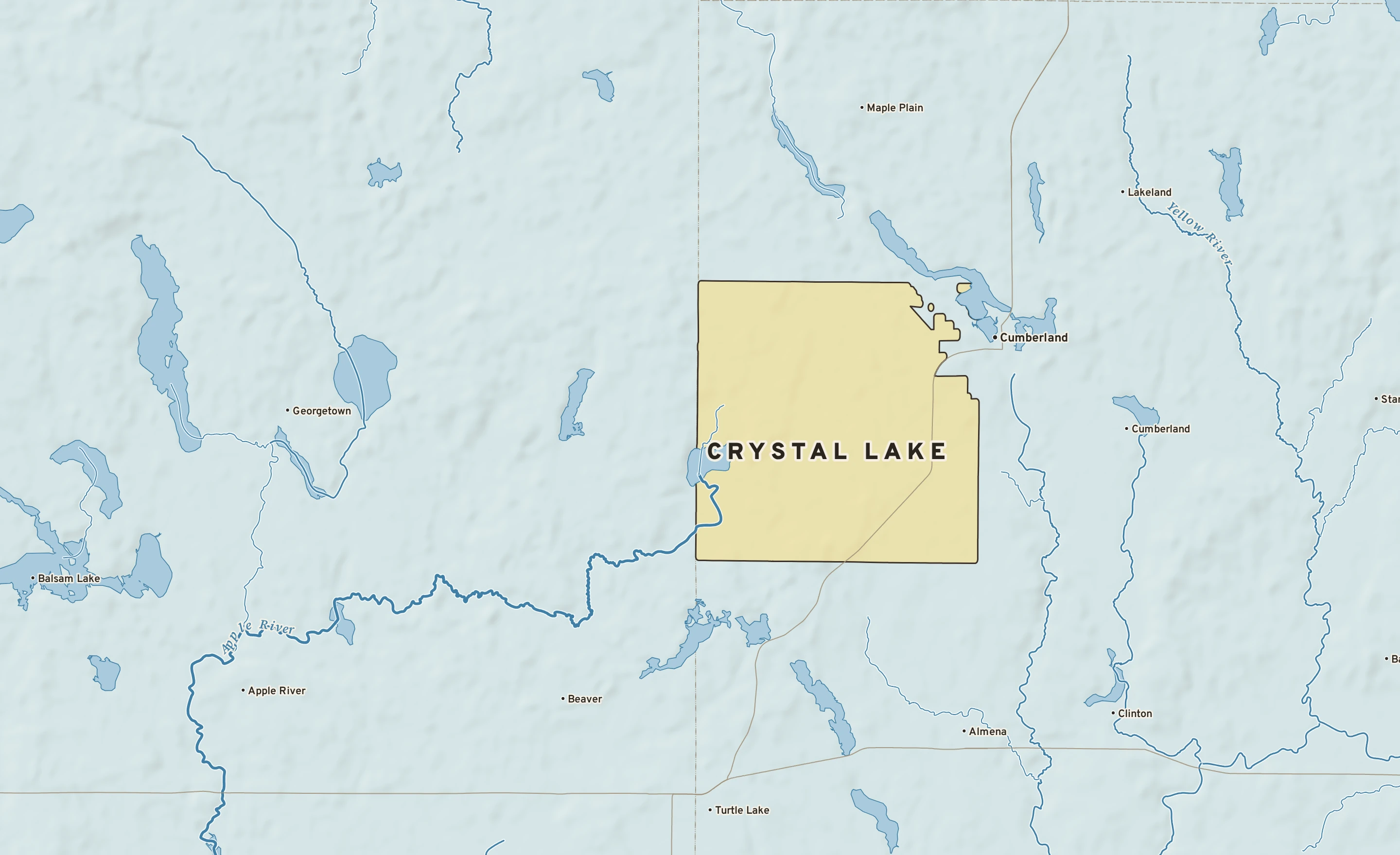 Shaded-relief atlas plate of Crystal Lake, Wisconsin: rivers, roads, the city limits and where the water drains.