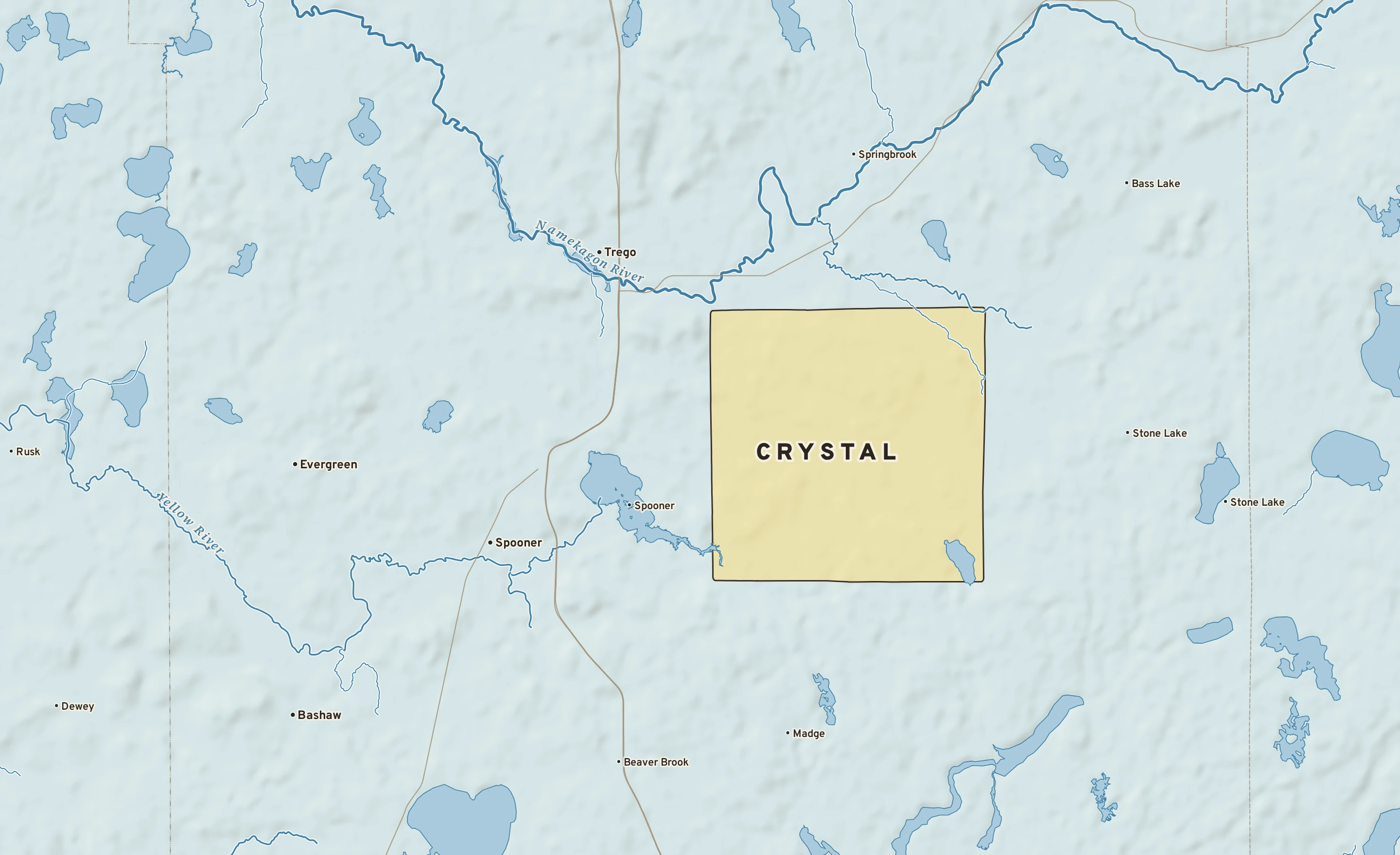 Shaded-relief atlas plate of Crystal, Wisconsin: rivers, roads, the city limits and where the water drains.