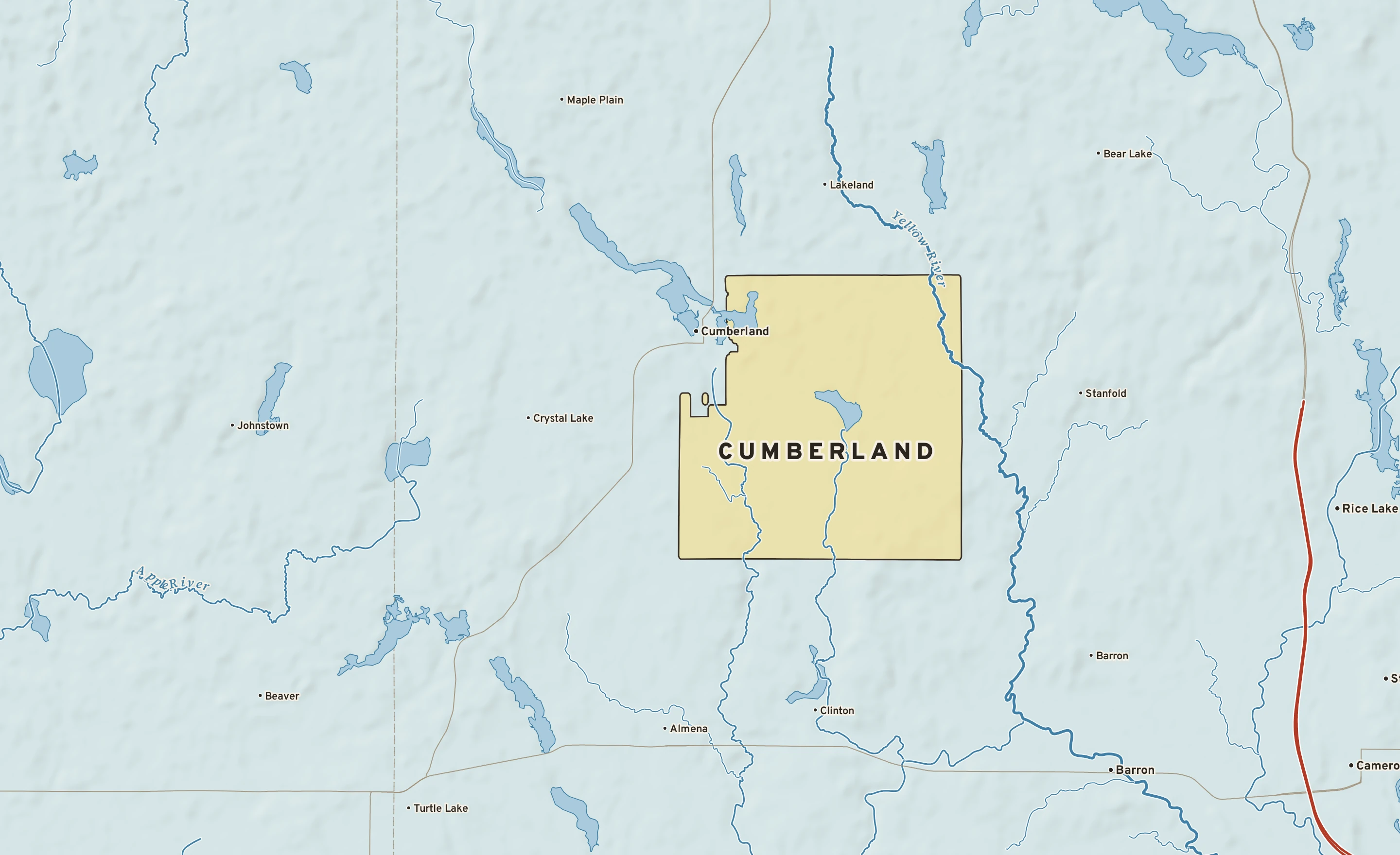 Shaded-relief atlas plate of Cumberland, Wisconsin: rivers, roads, the city limits and where the water drains.